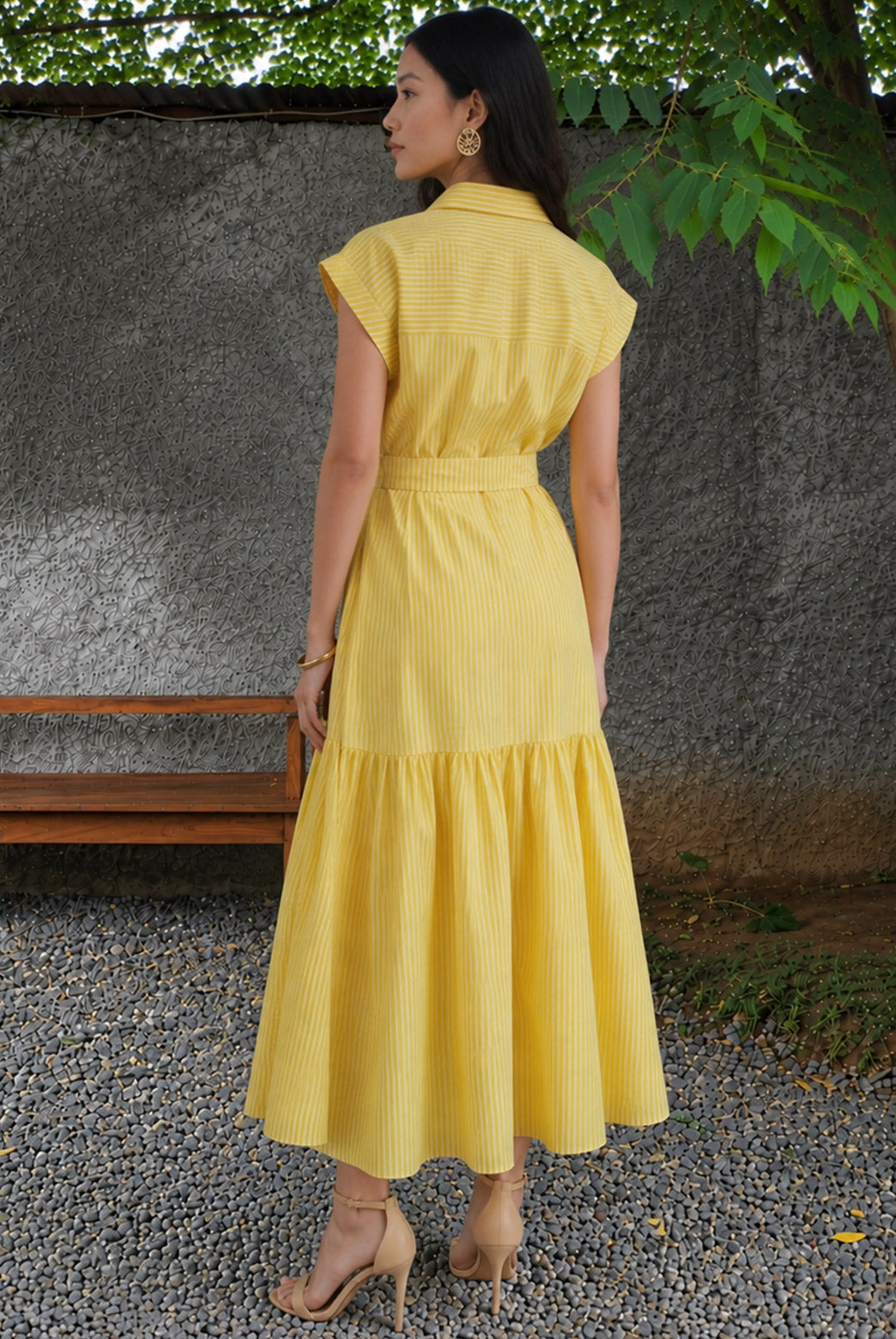 Yellow Striped Maxi Dress With Belt