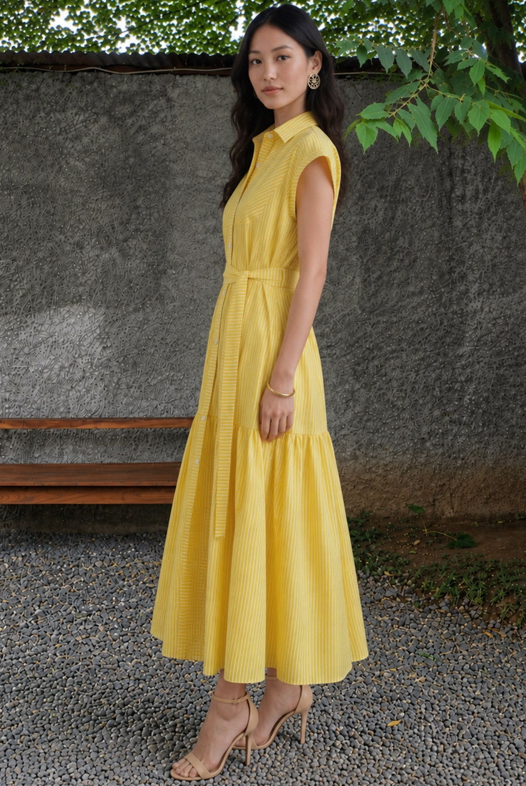 Yellow Striped Maxi Dress With Belt