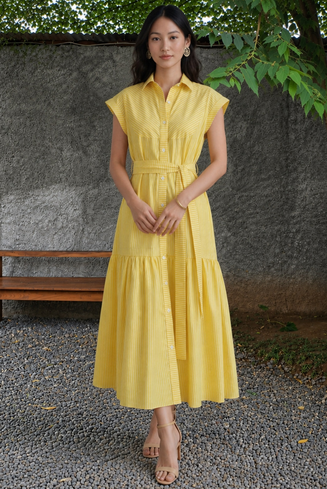 Yellow Striped Maxi Dress With Belt