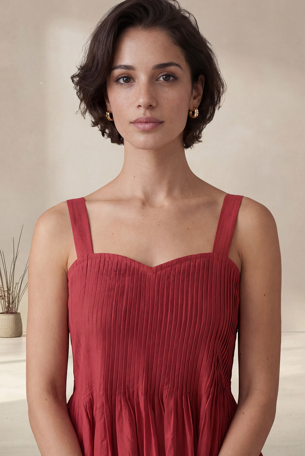 Red Cotton Pintuck Midi Dress