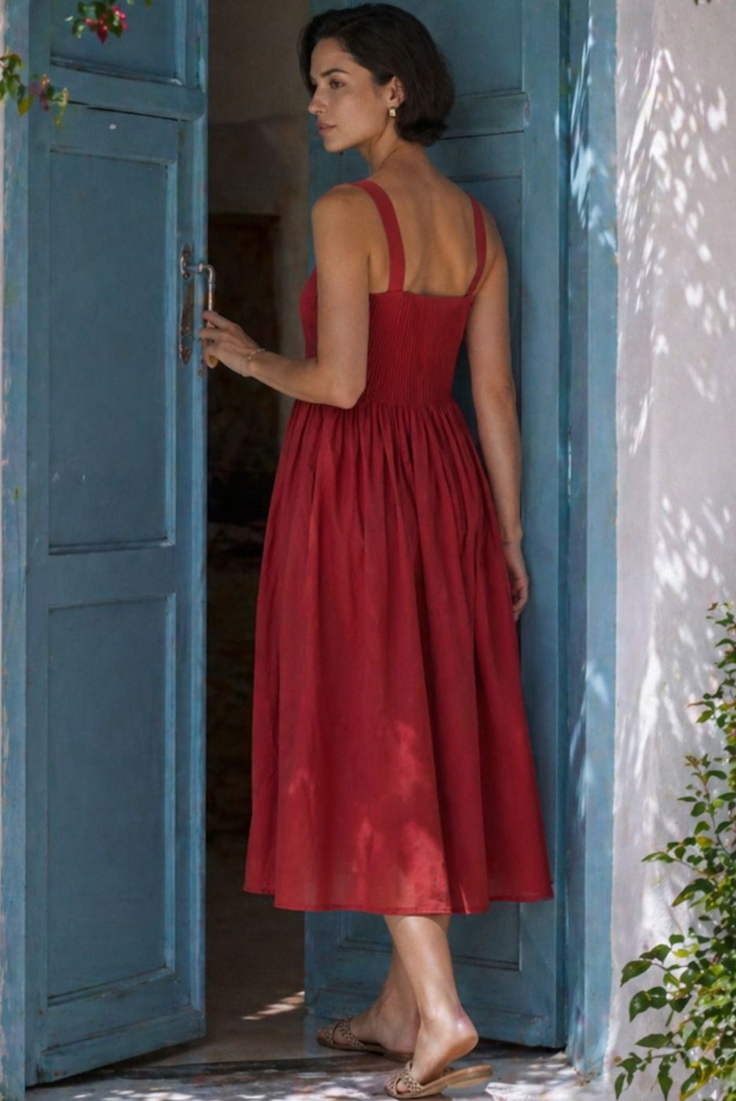 Red Cotton Pintuck Midi Dress