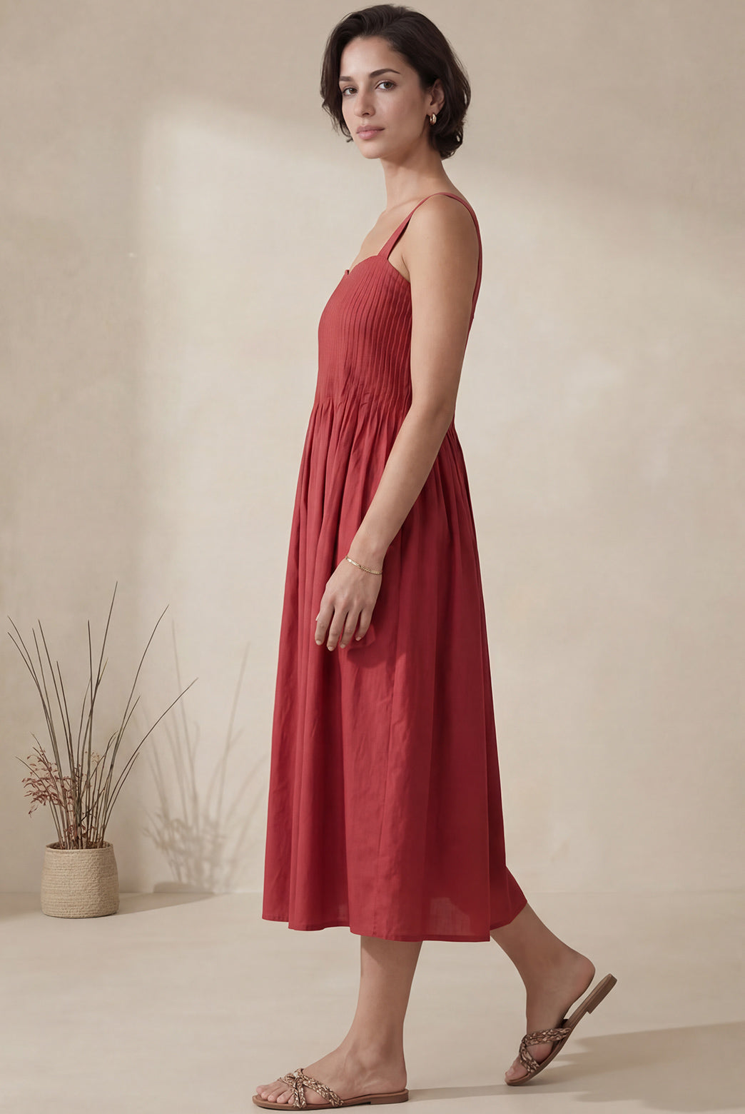 Red Cotton Pintuck Midi Dress