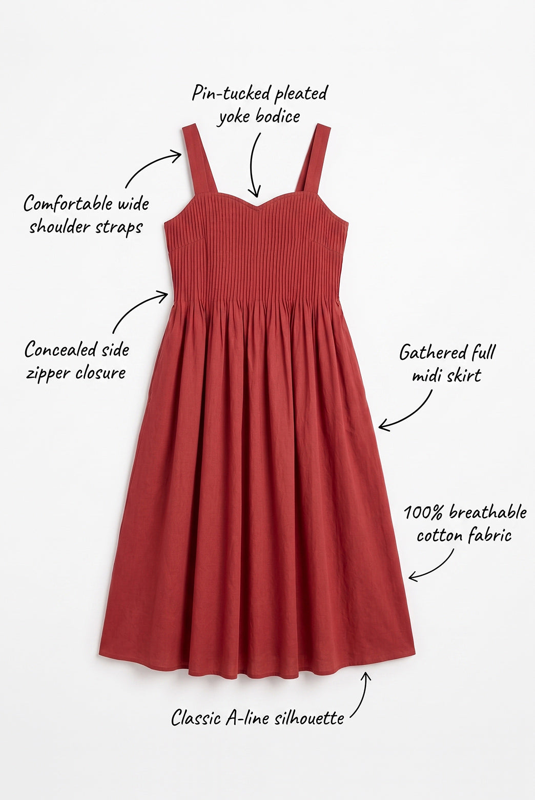 Red Cotton Pintuck Midi Dress