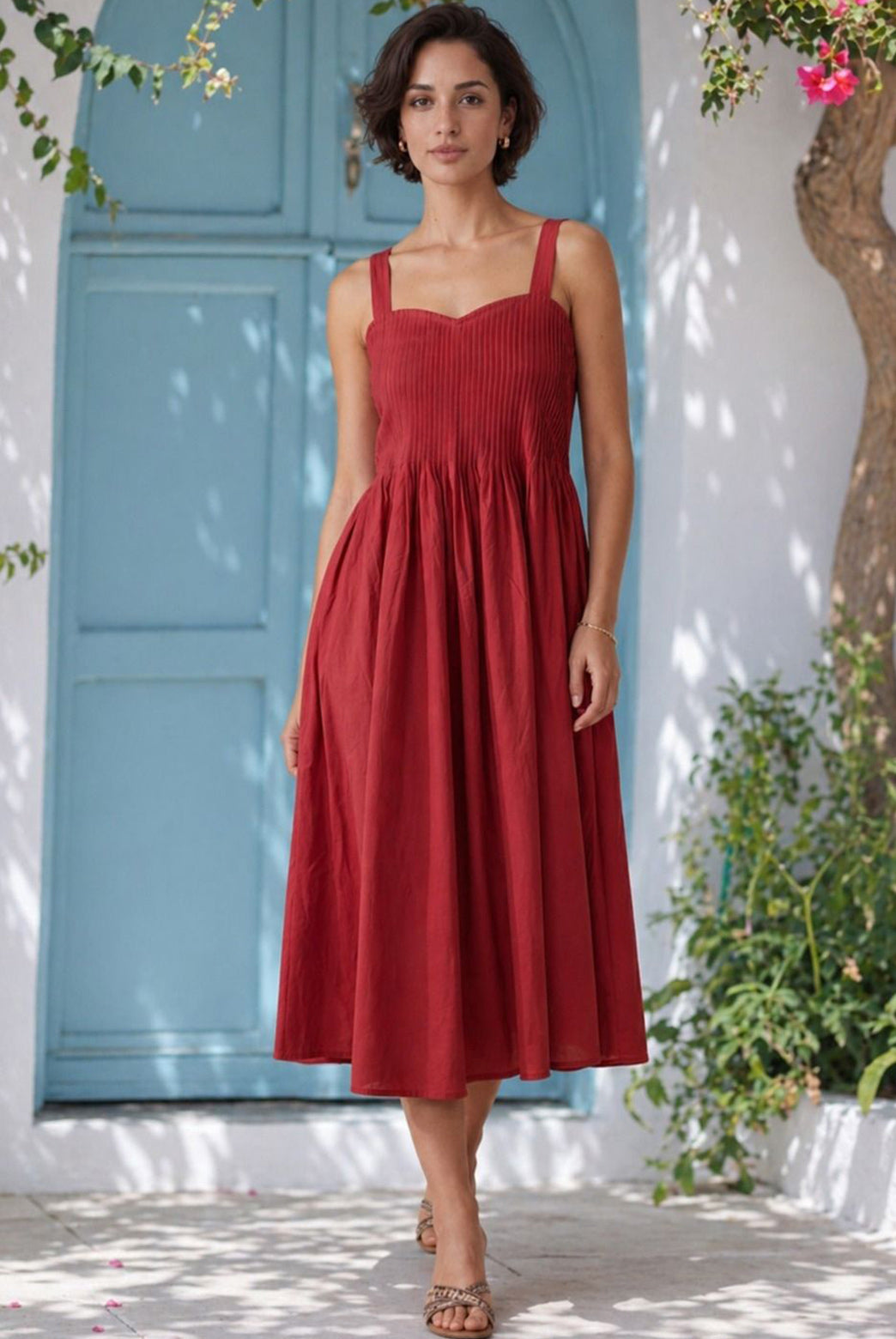 Red Cotton Pintuck Midi Dress