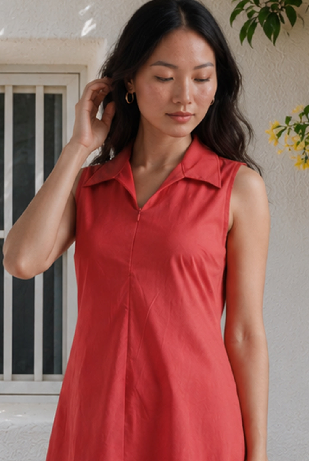 Red Knee Length Collared Dress