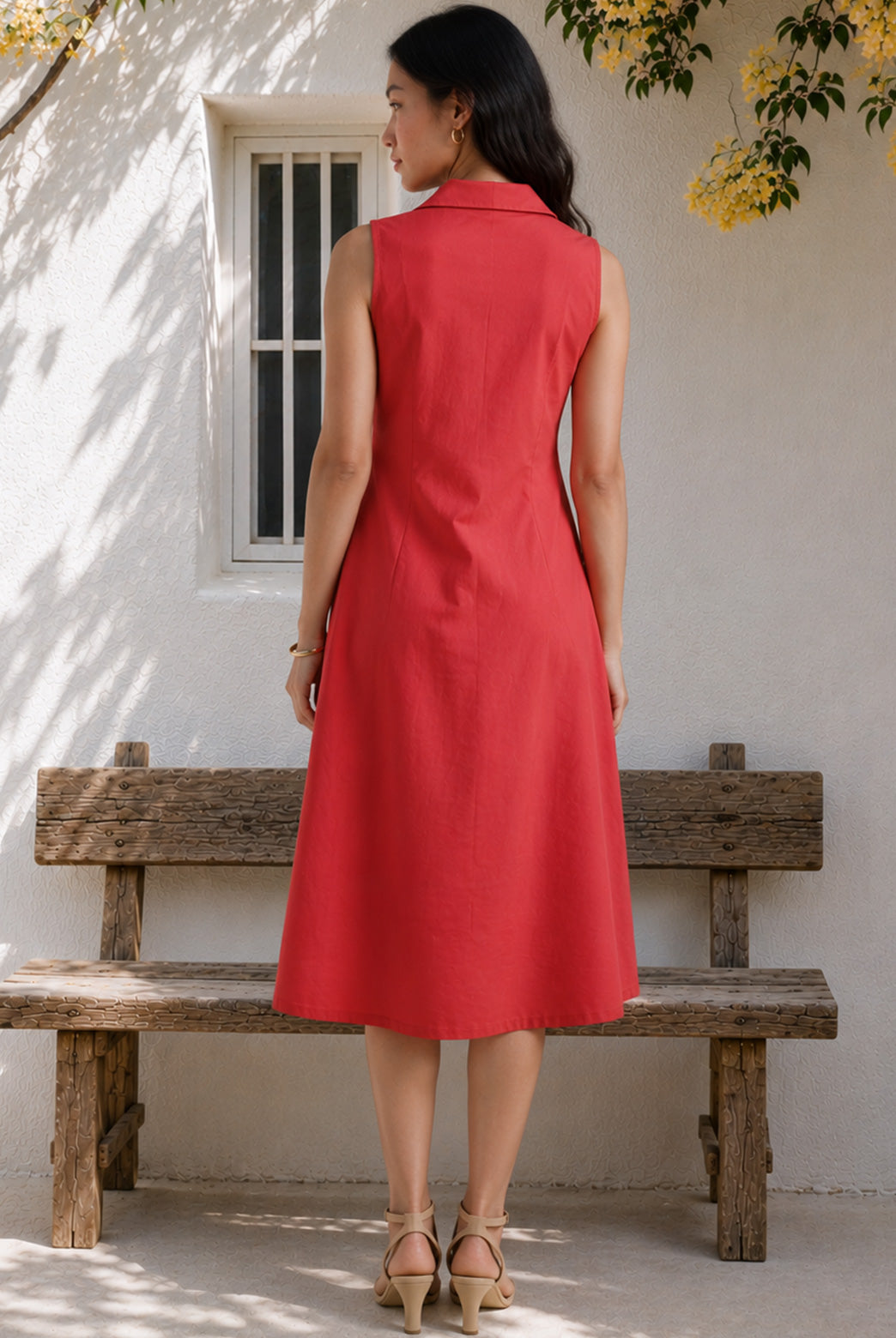 Red Knee Length Collared Dress
