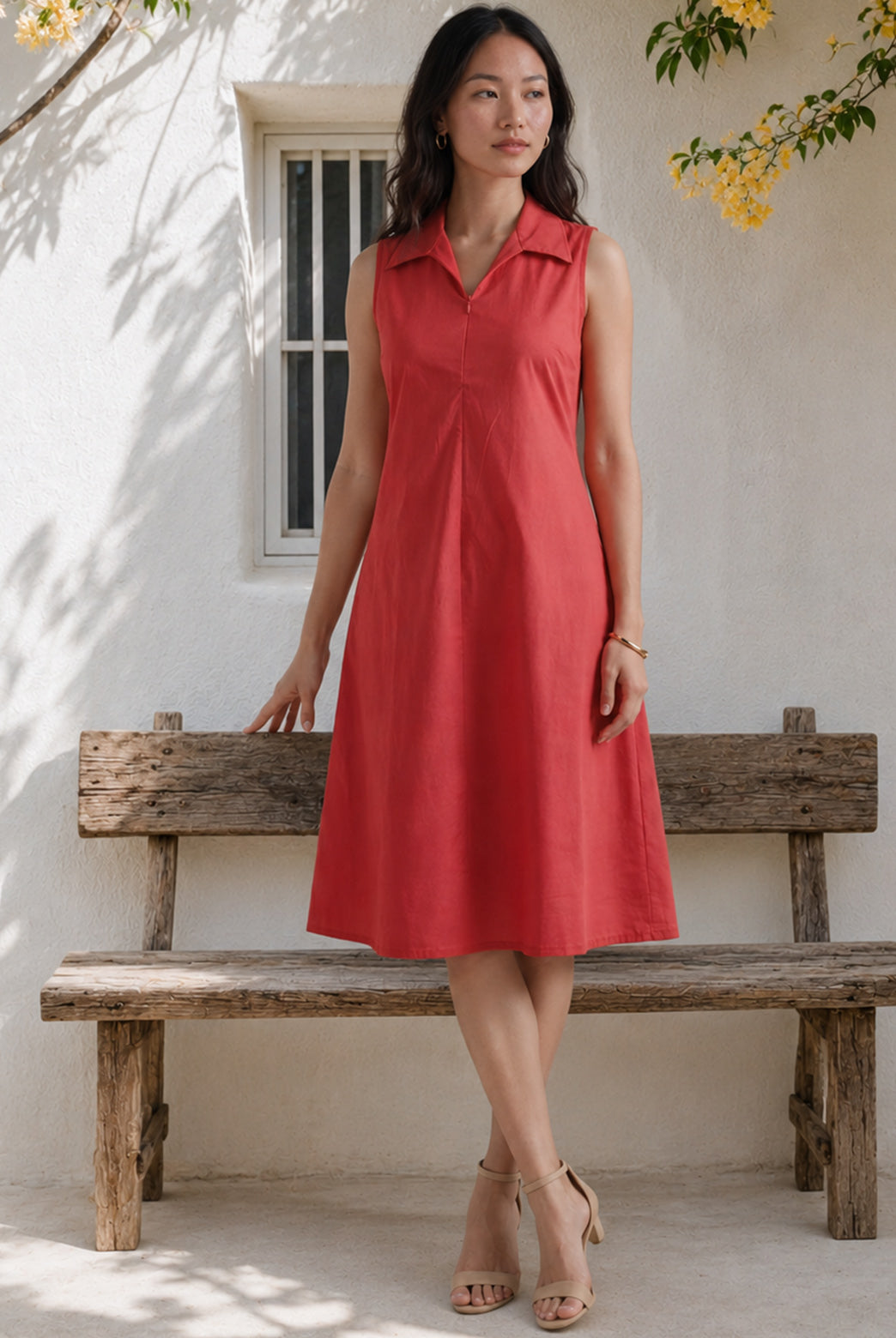 Red Knee Length Collared Dress