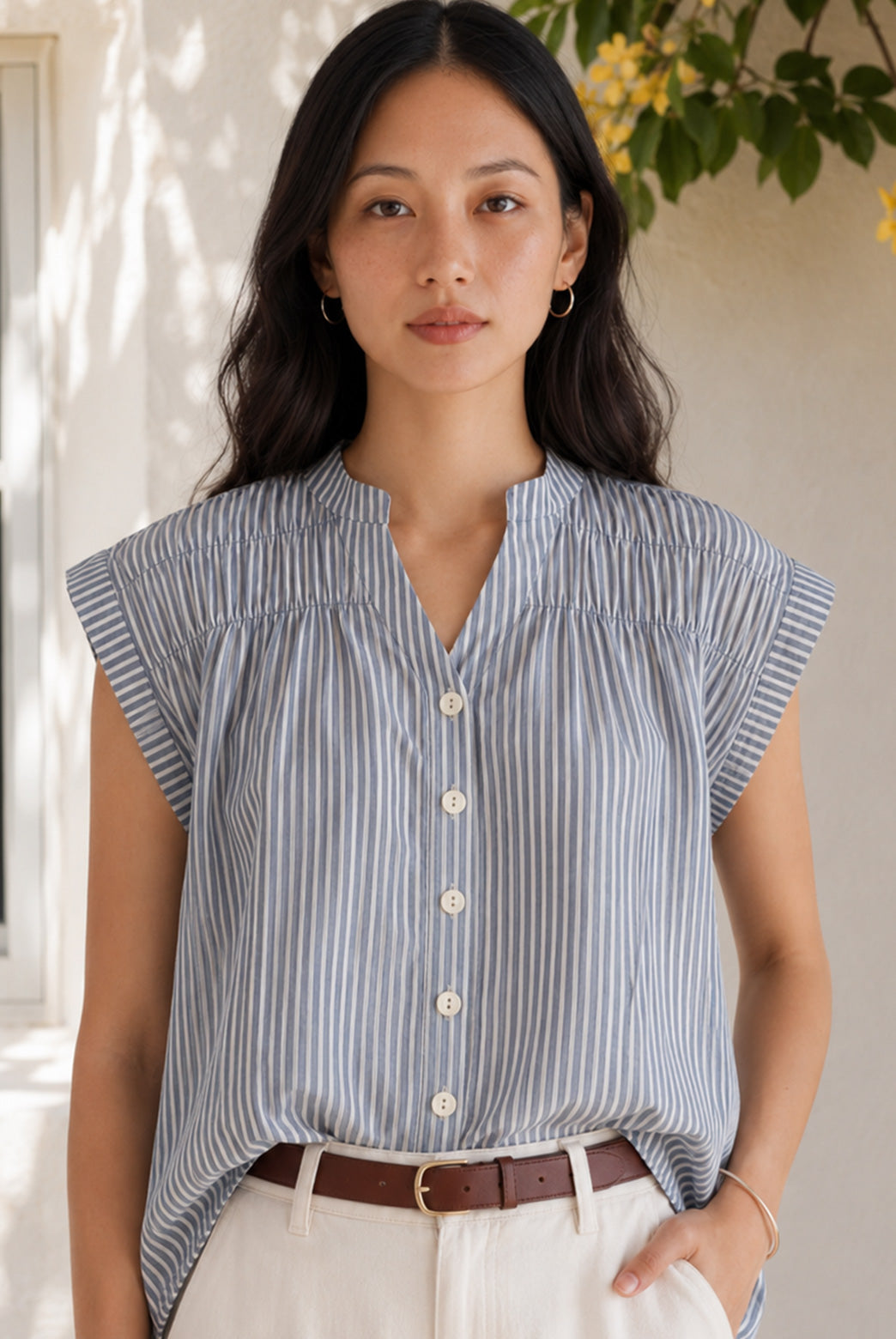 Blue Cotton Cap Sleeve Striped Shirt