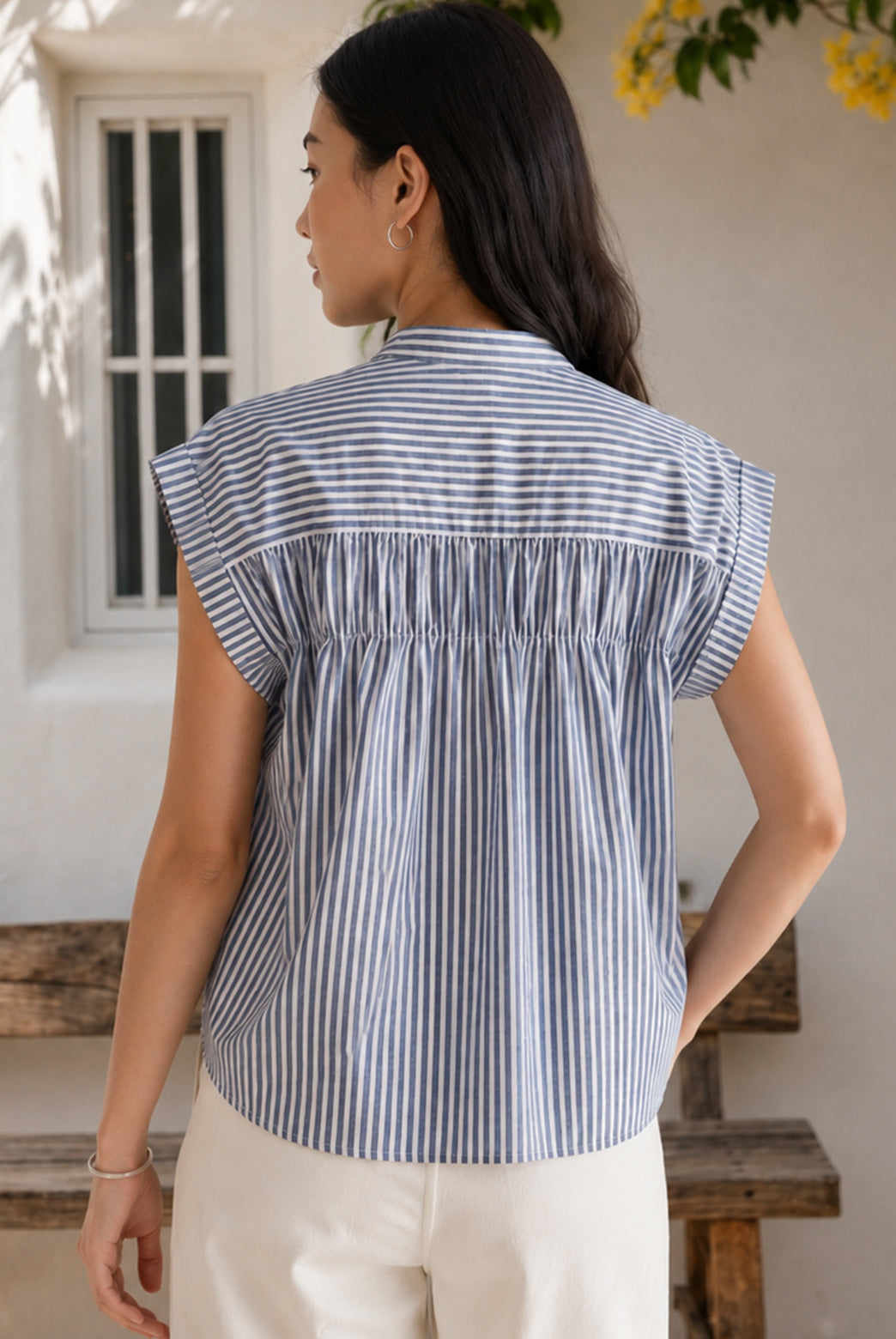 Blue Cotton Cap Sleeve Striped Shirt