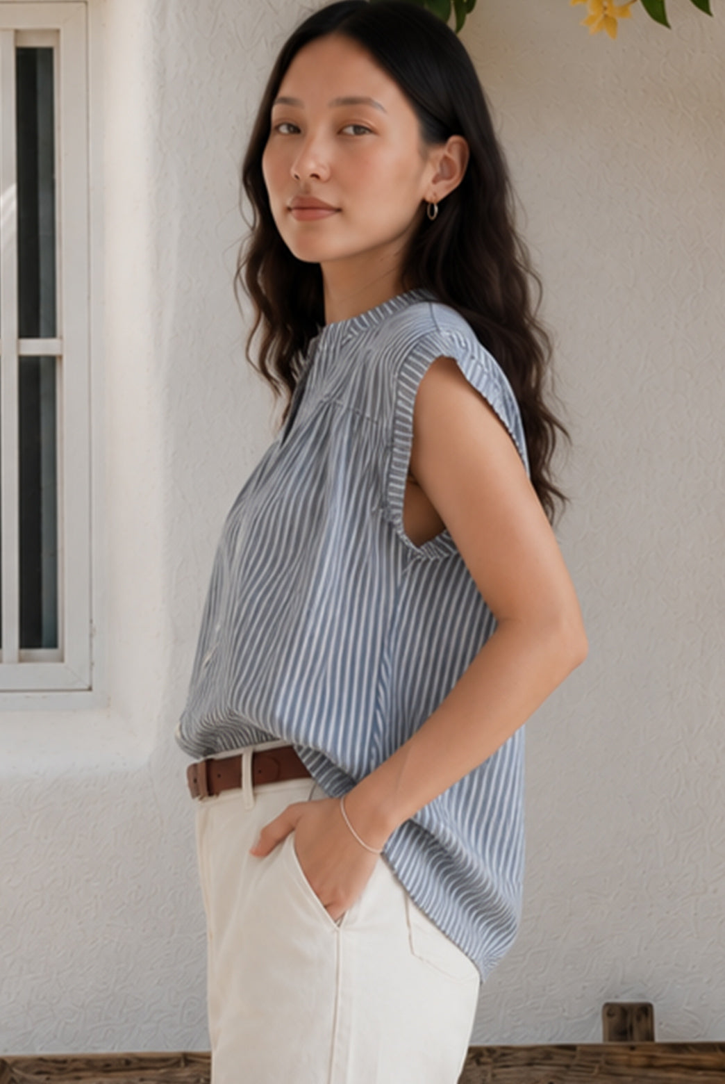 Blue Cotton Cap Sleeve Striped Shirt