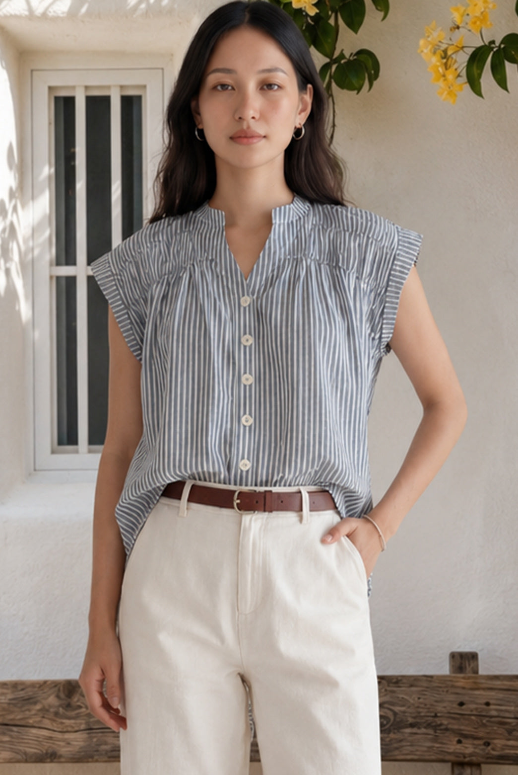 Blue Cotton Cap Sleeve Striped Shirt