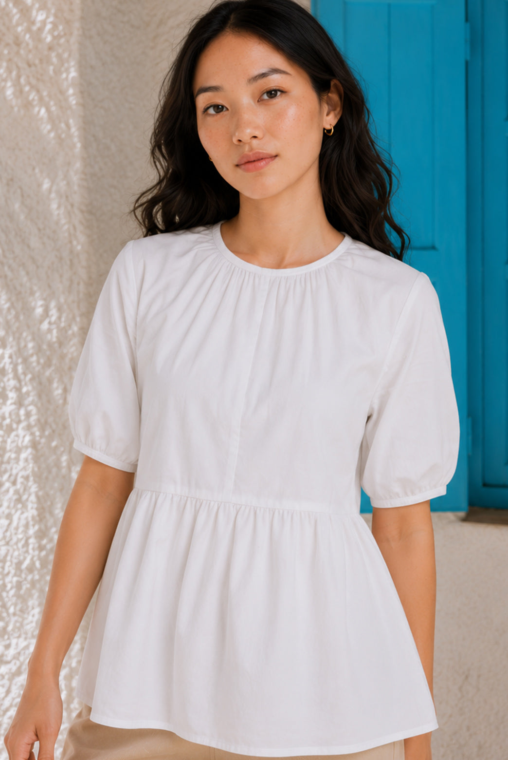 White Cotton Poplin Peplum Top
