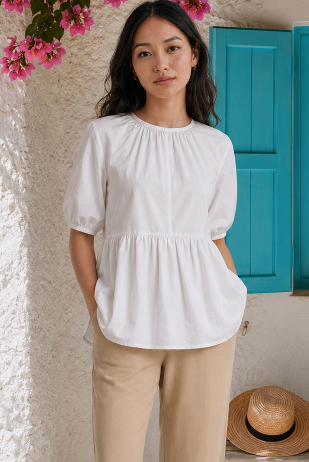 White Cotton Poplin Peplum Top