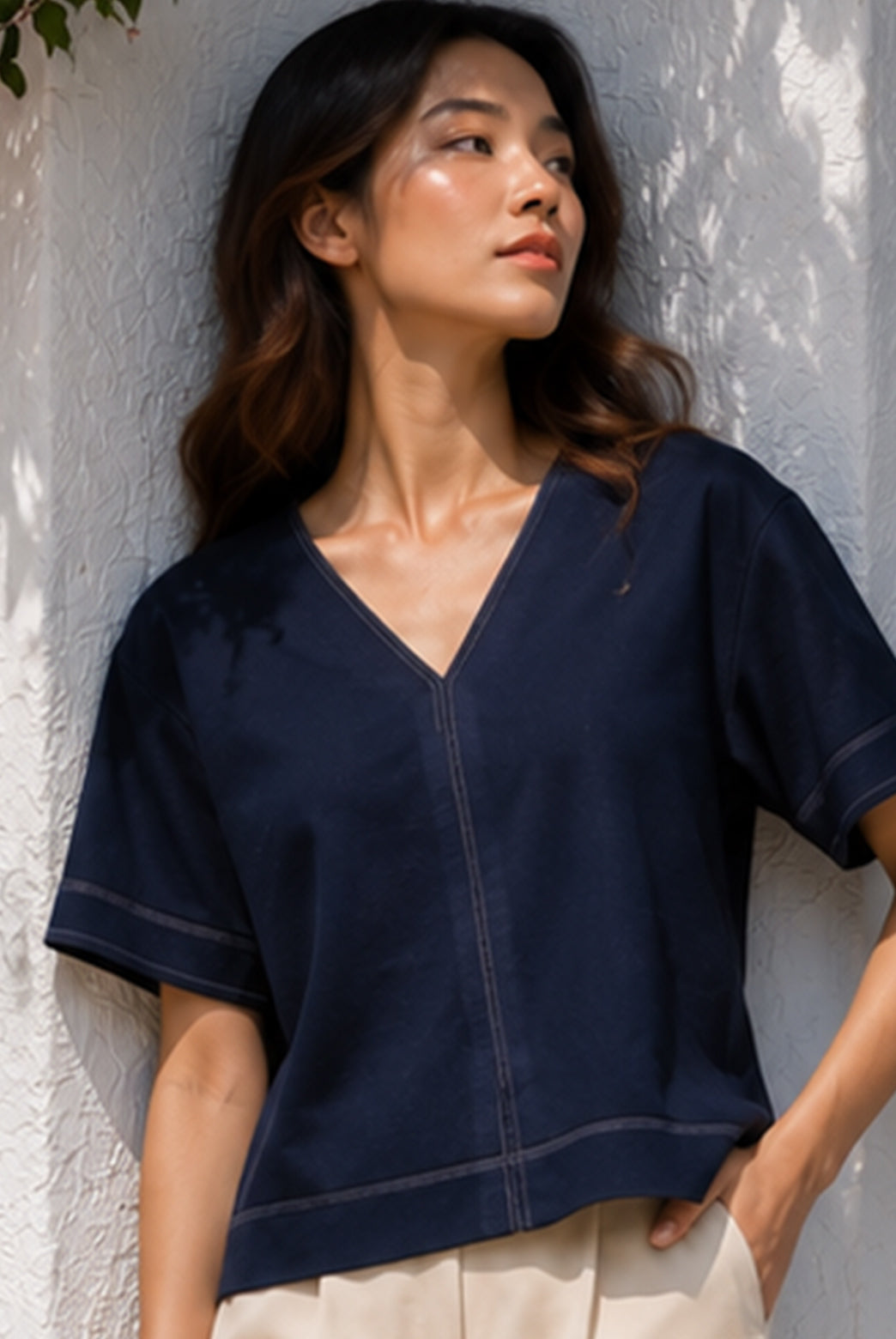 Navy Blue Cotton Poplin V-Neck Top