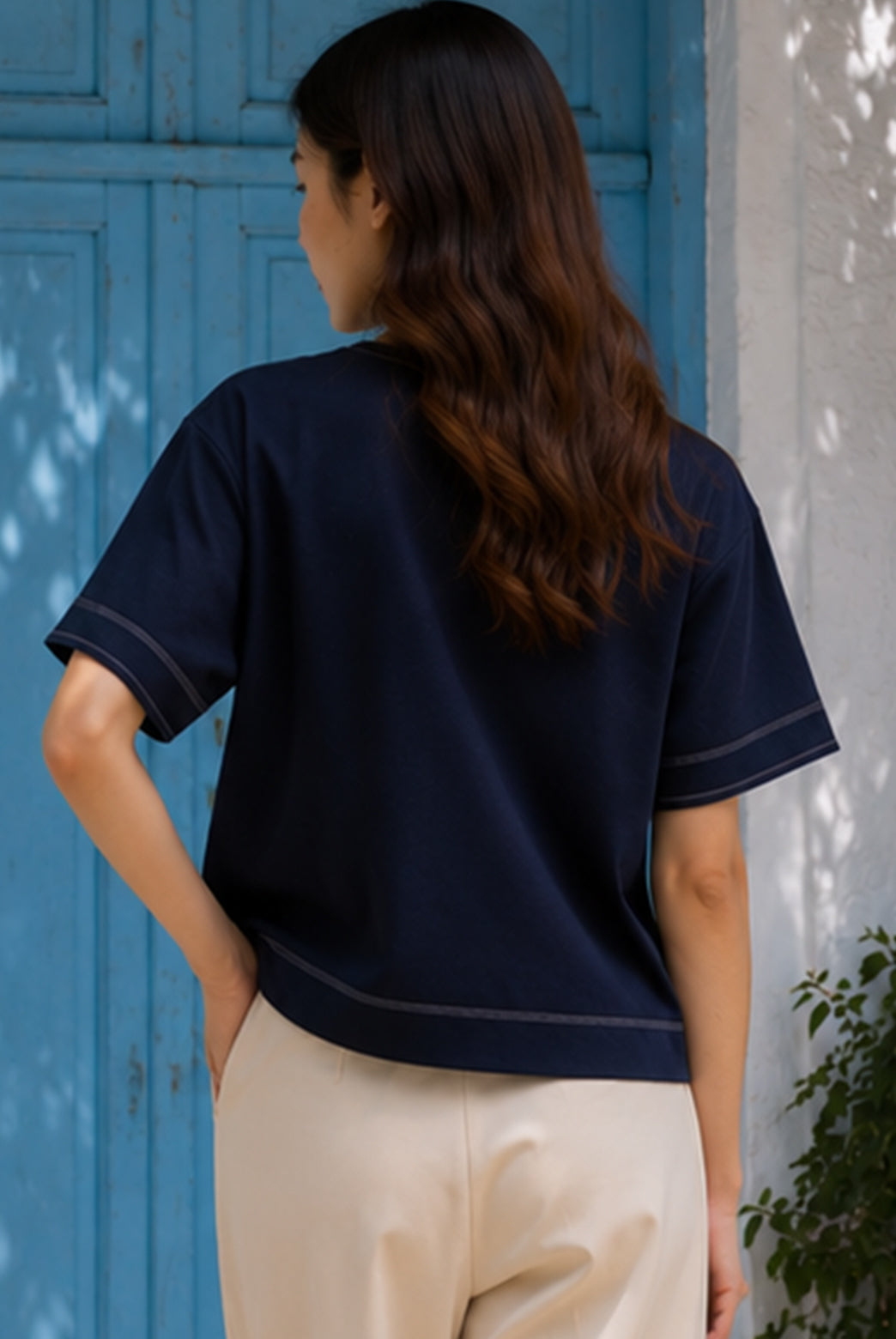Navy Blue Cotton Poplin V-Neck Top