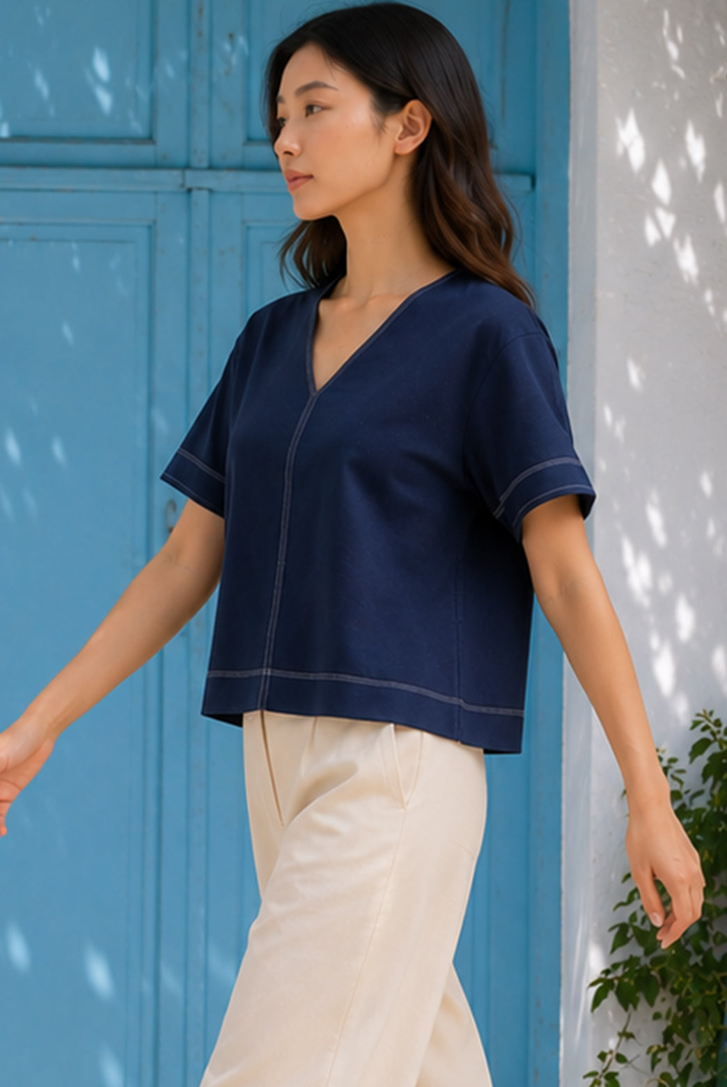 Navy Blue Cotton Poplin V-Neck Top