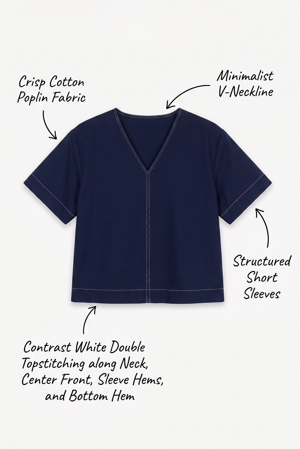 Navy Blue Cotton Poplin V-Neck Top
