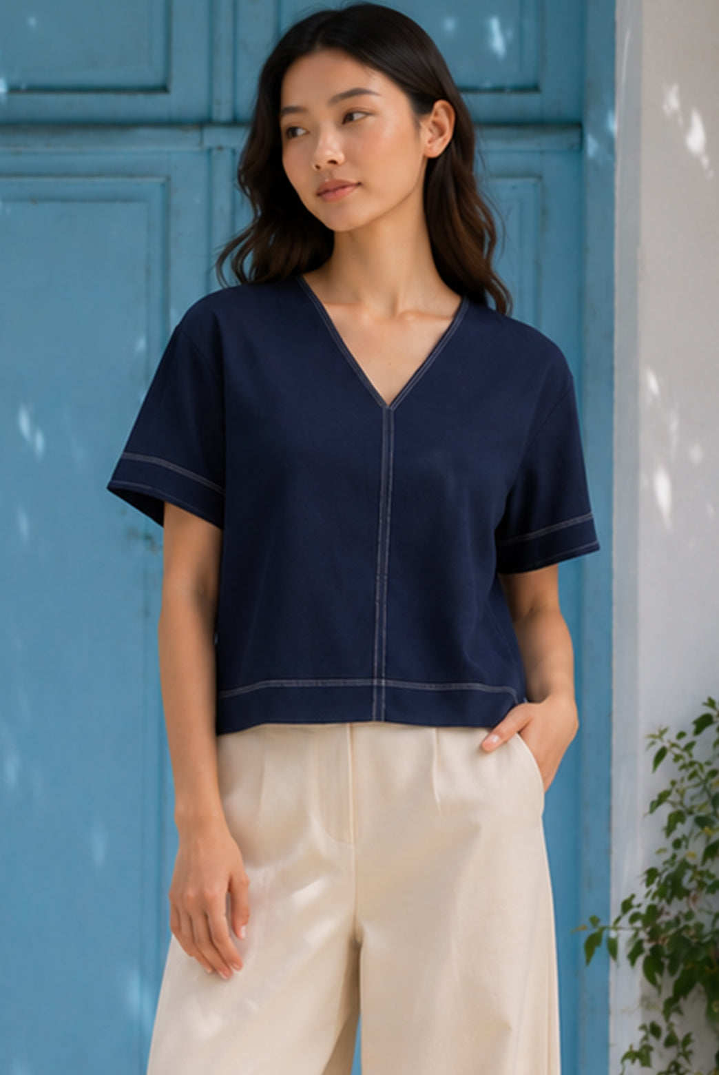 Navy Blue Cotton Poplin V-Neck Top