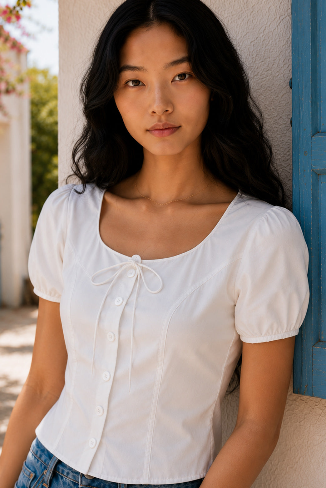 White Cotton Poplin Puff Sleeve Top