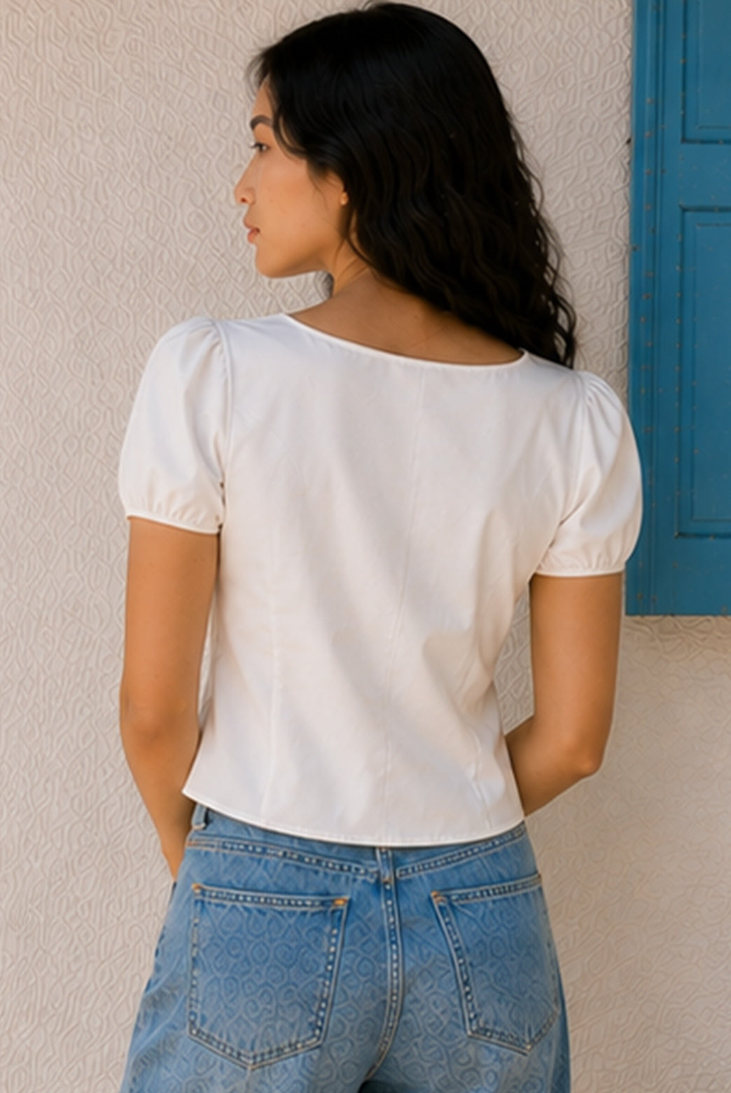 White Cotton Poplin Puff Sleeve Top