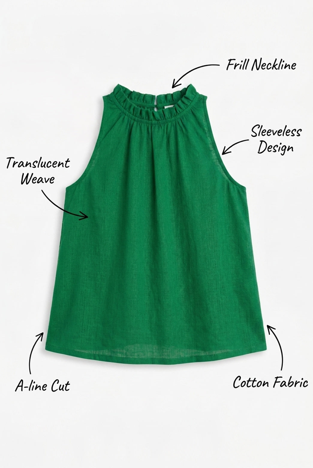 Green Cotton Frill Neck Sleeveless Top