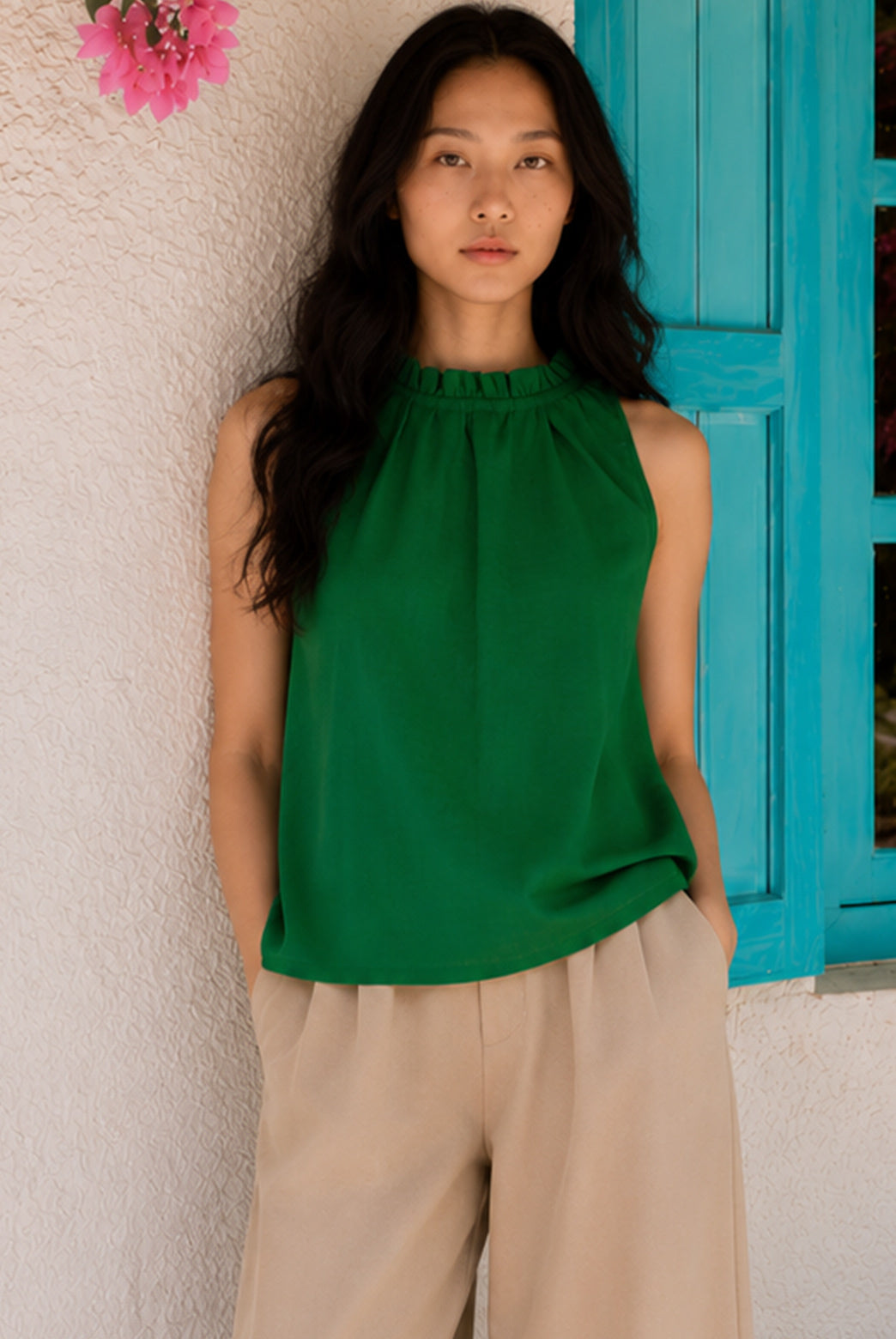 Green Cotton Frill Neck Sleeveless Top