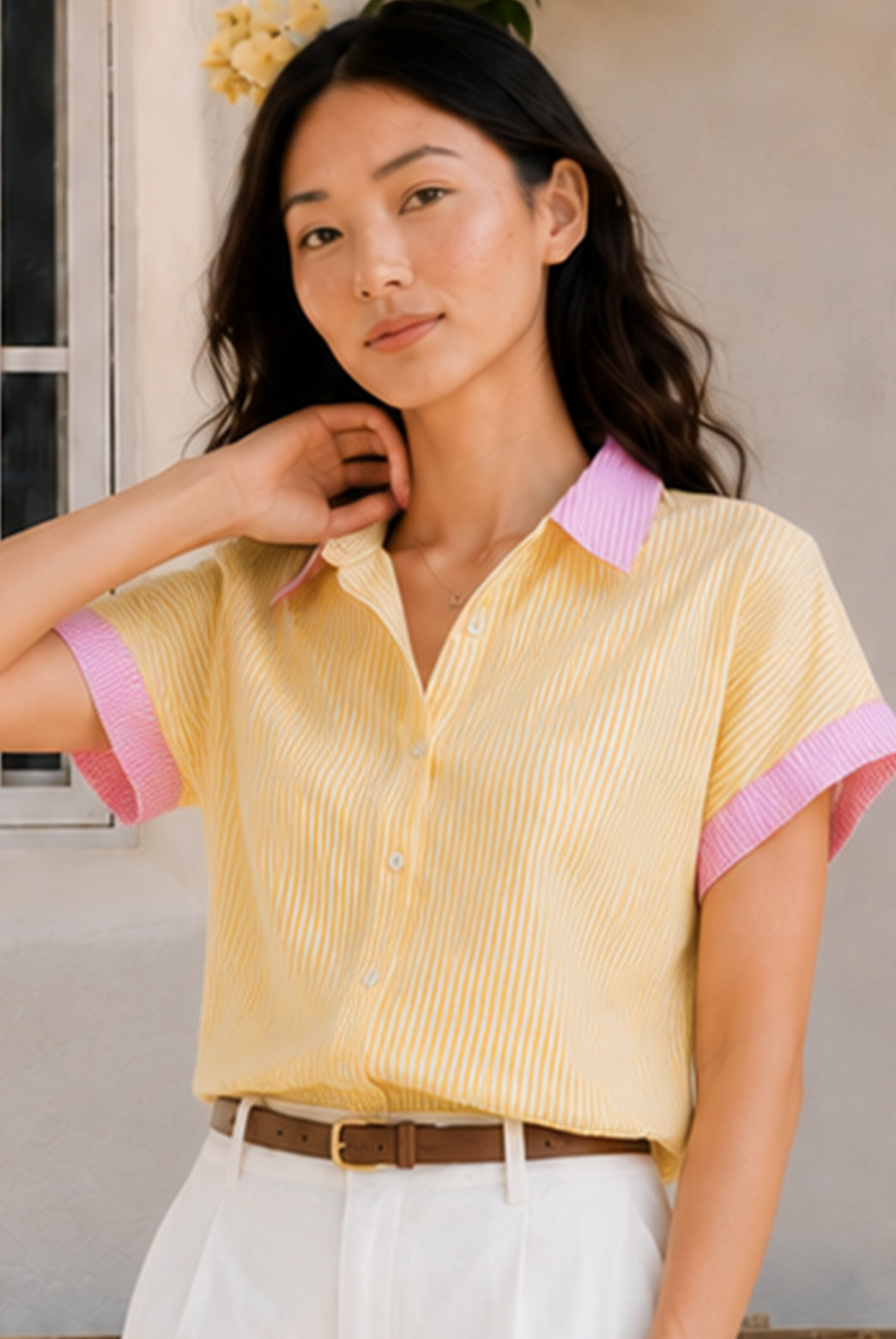 Yellow & White Striped Short Sleeve Shirt