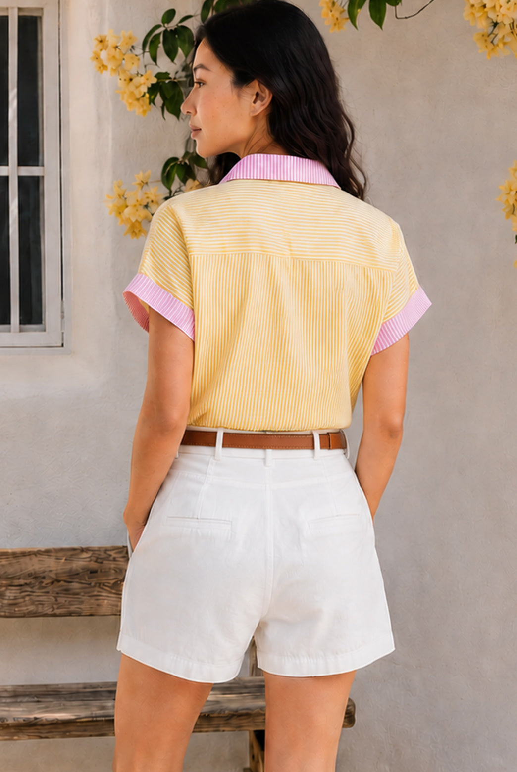 Yellow & White Striped Short Sleeve Shirt