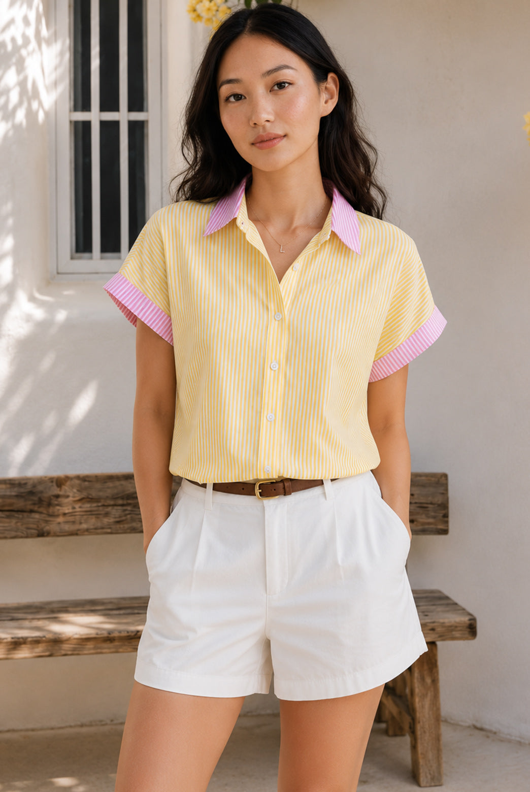 Yellow & White Striped Short Sleeve Shirt