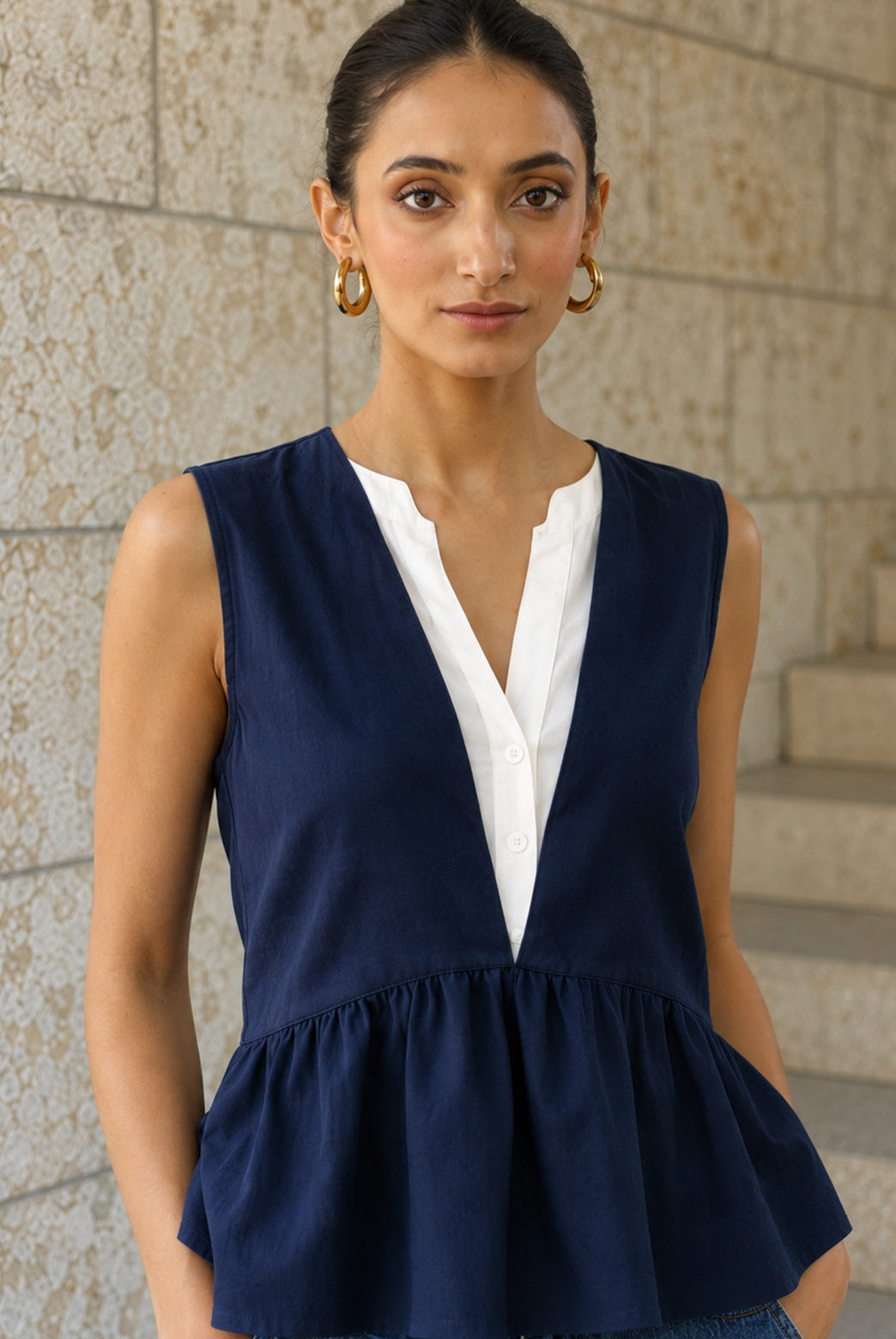Navy Blue Peplum Top With V Neck