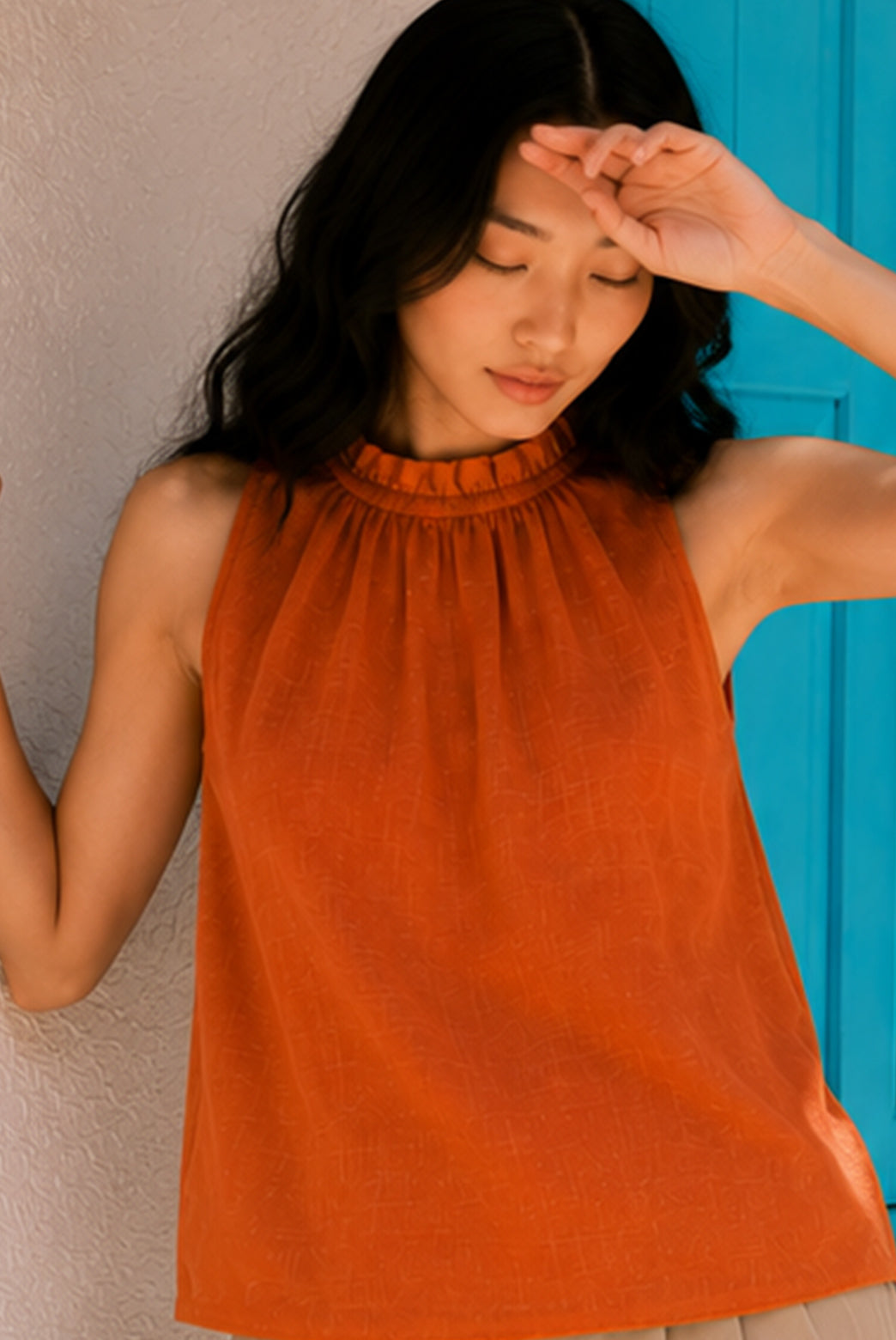Rust Orange Frill Neck Sleeveless Top