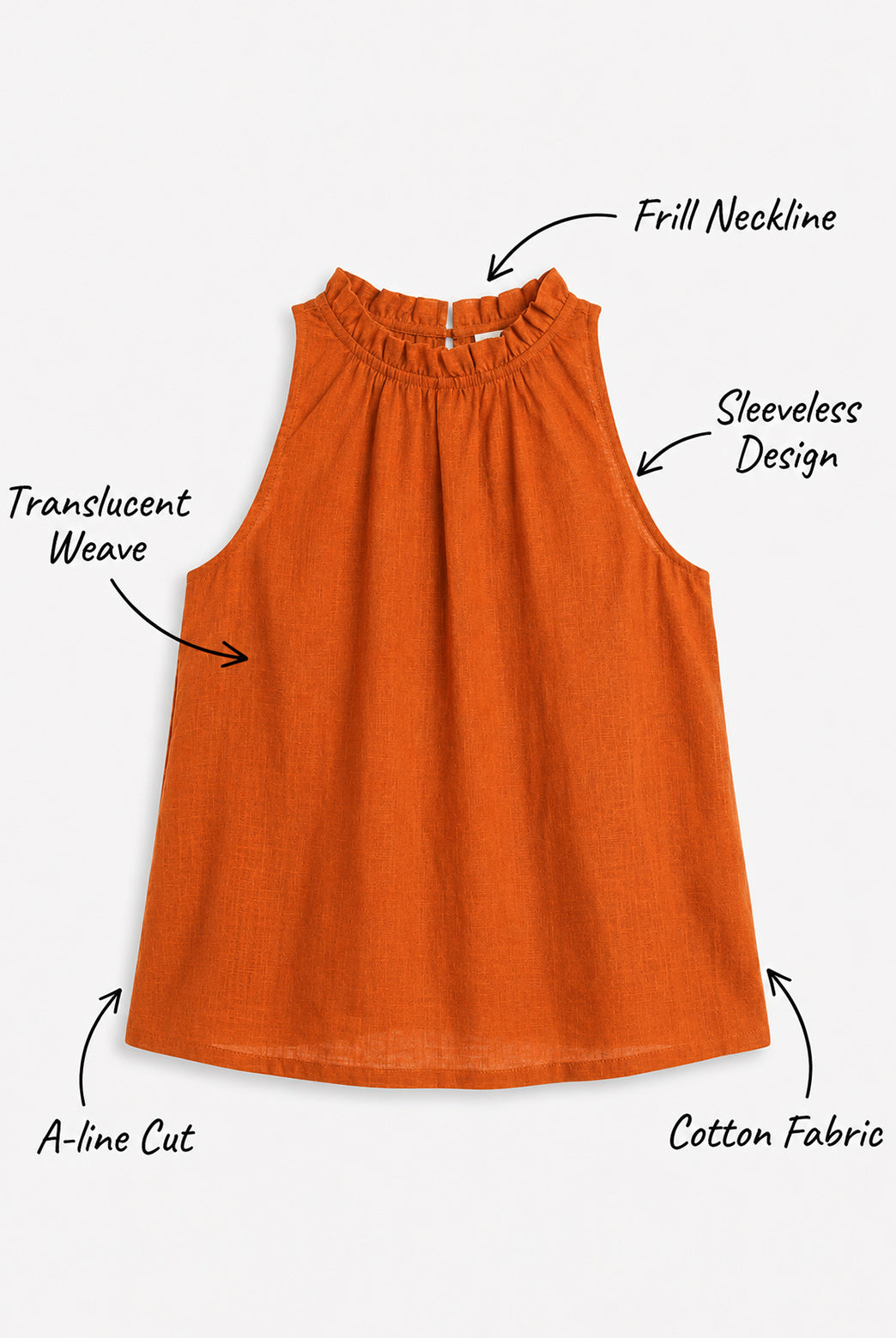 Rust Orange Frill Neck Sleeveless Top