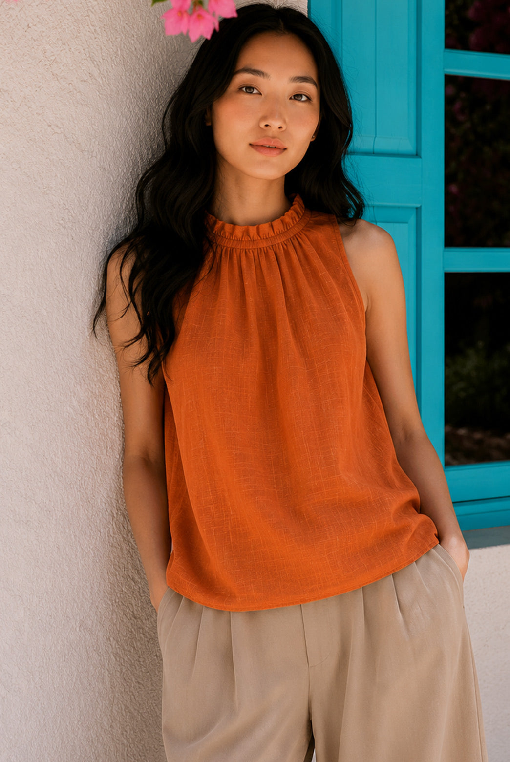 Rust Orange Frill Neck Sleeveless Top