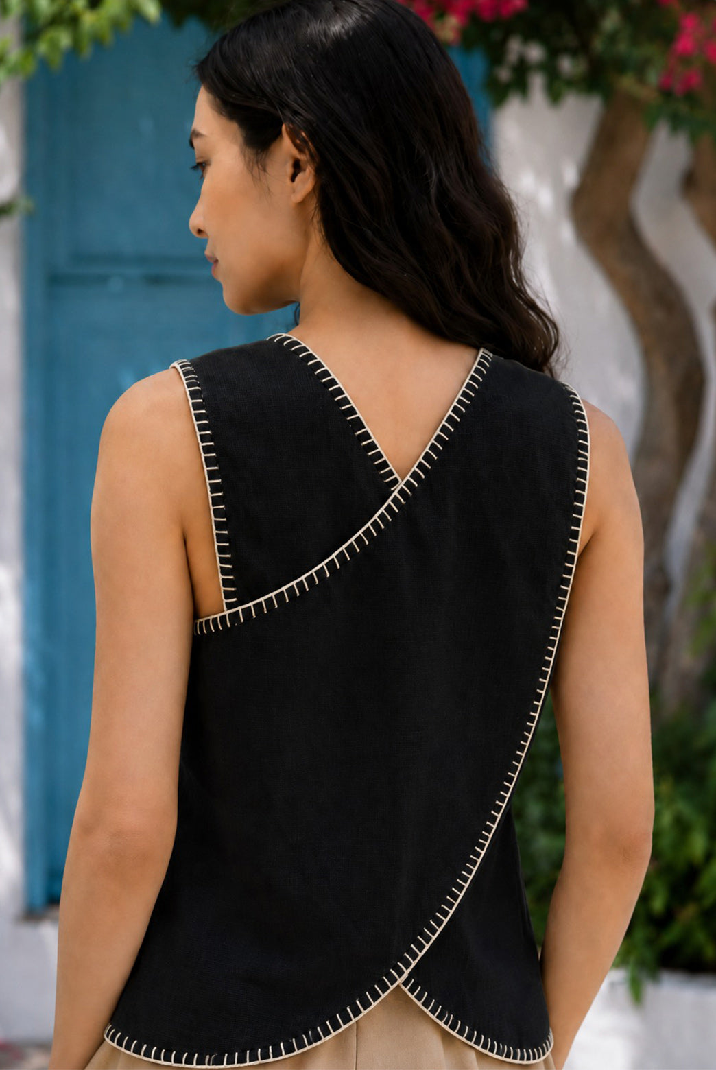 Black Embroidered Cross Back Top