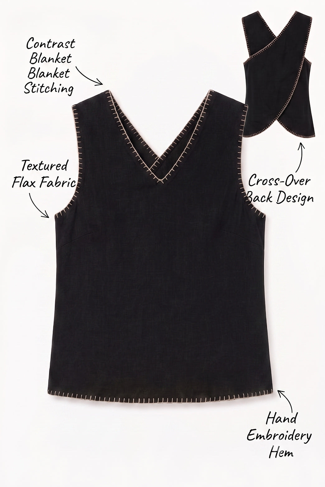 Black Embroidered Cross Back Top