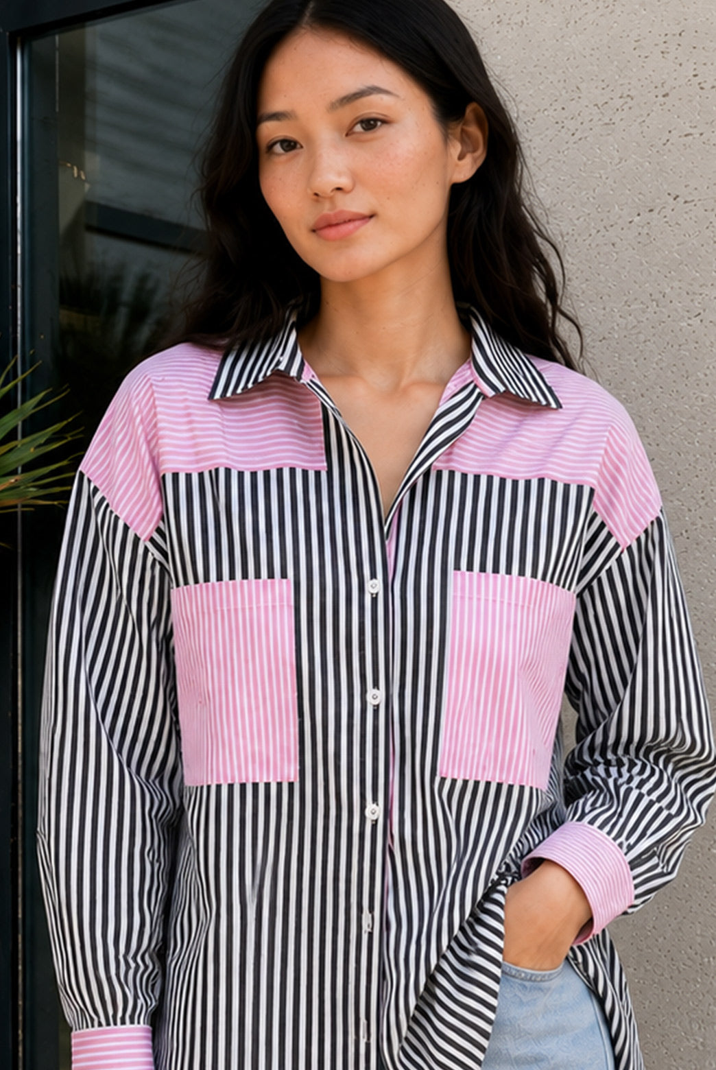 Black & Pink Striped Colorblock Shirt