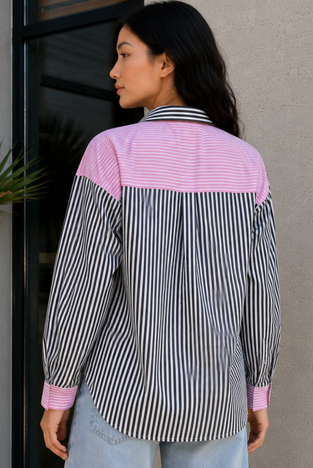 Black & Pink Striped Colorblock Shirt