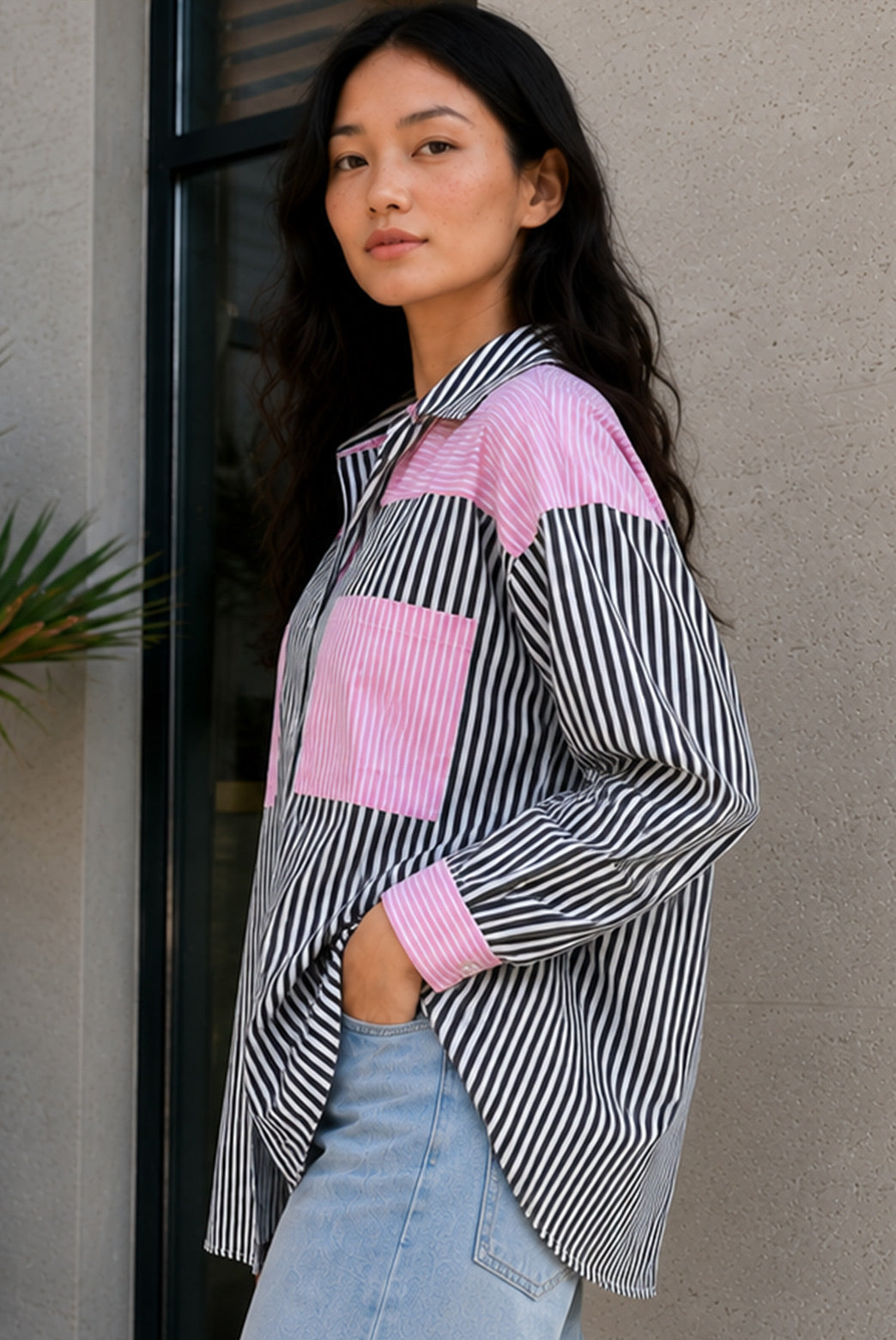 Black & Pink Striped Colorblock Shirt
