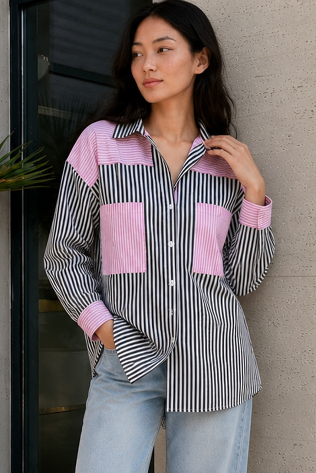 Black & Pink Striped Colorblock Shirt