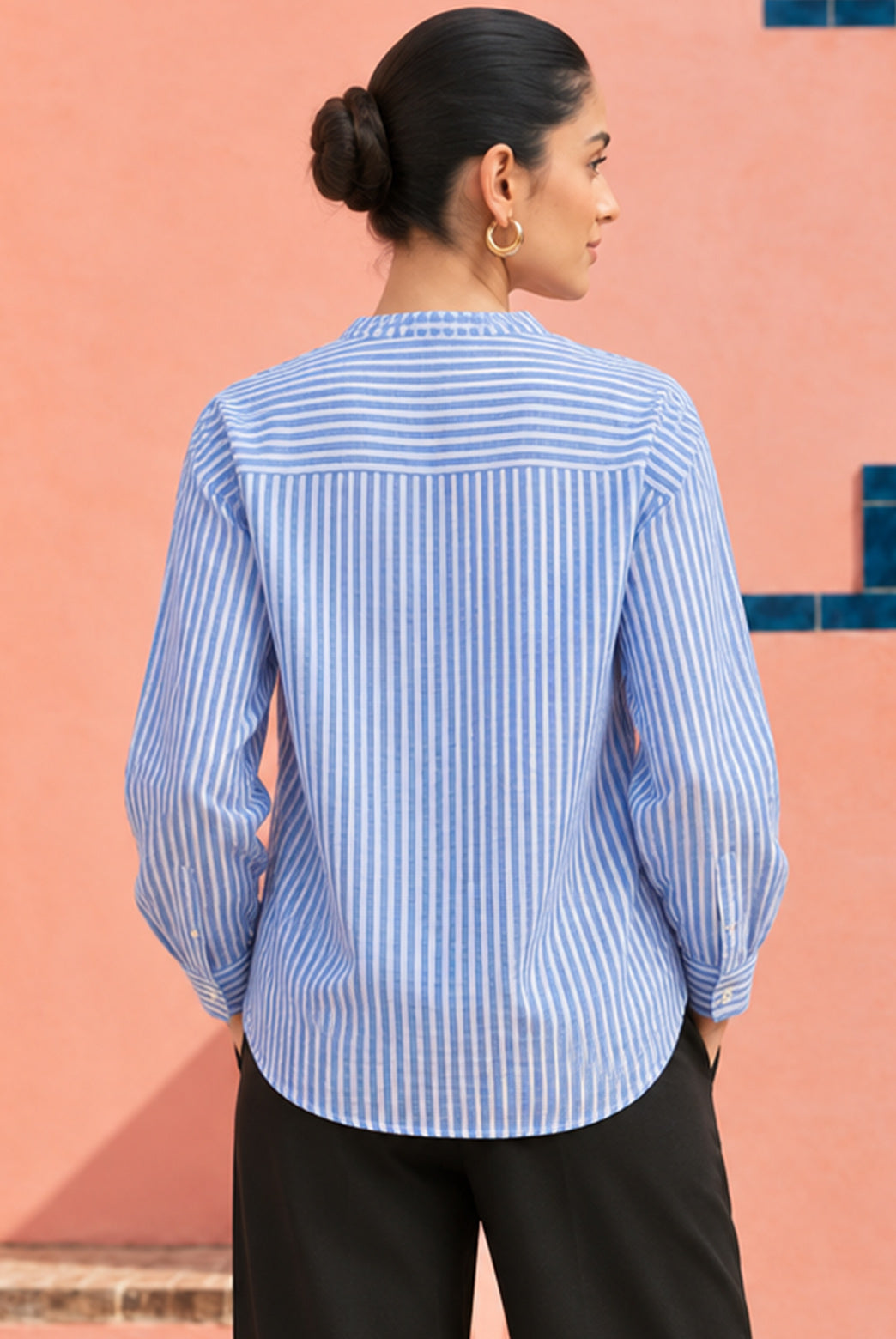 Blue Striped Shirt With Split Neck