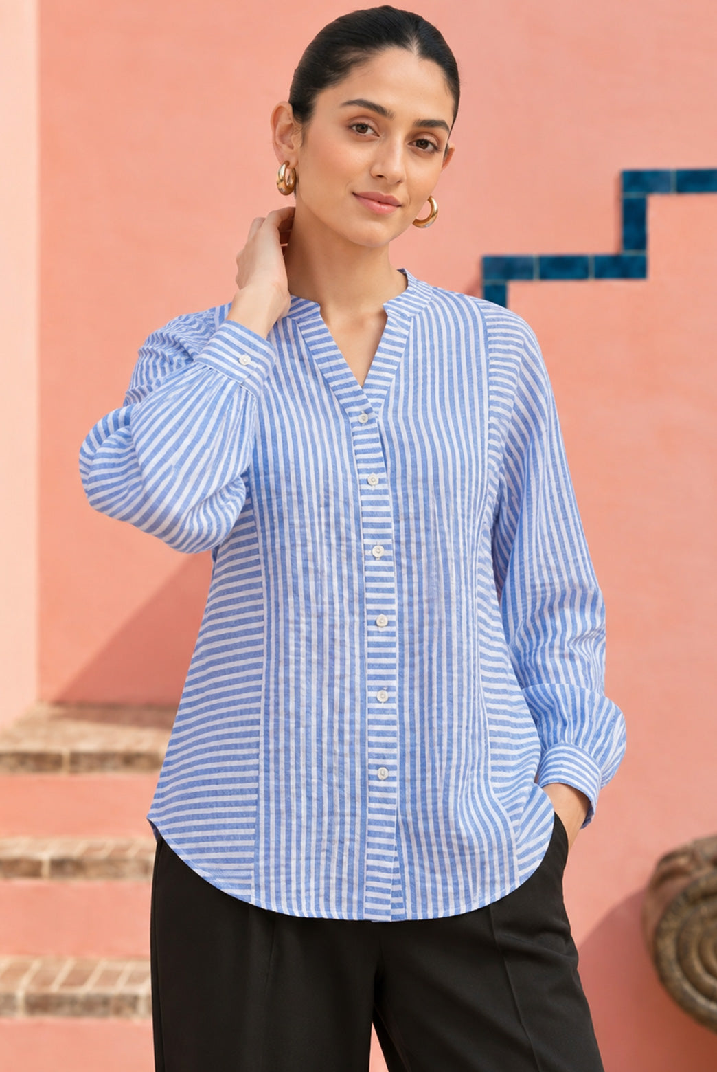 Blue Striped Shirt With Split Neck