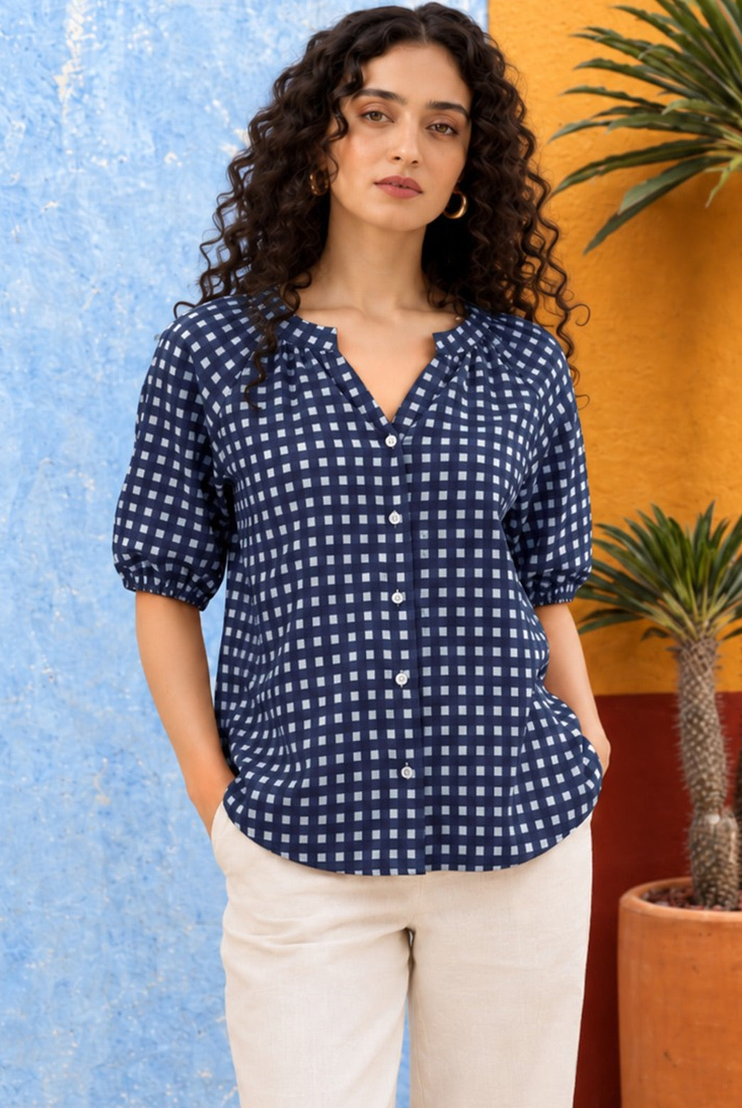 Navy Blue Pure Cotton Checkered Shirt