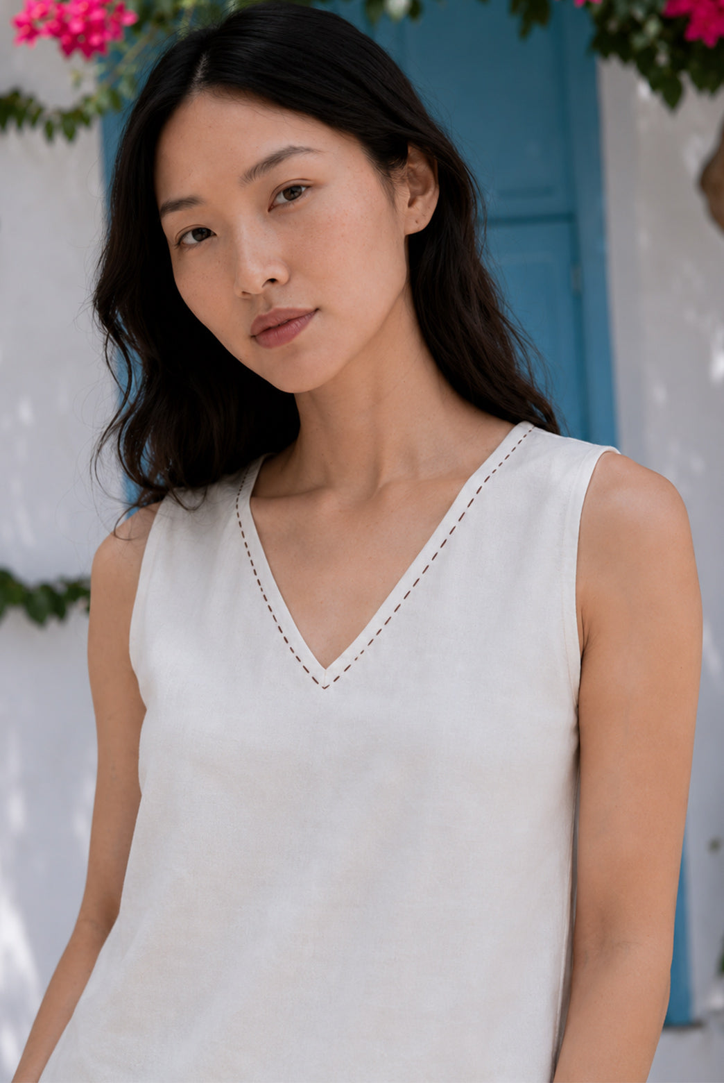Off White Embroidered Cross Back Top