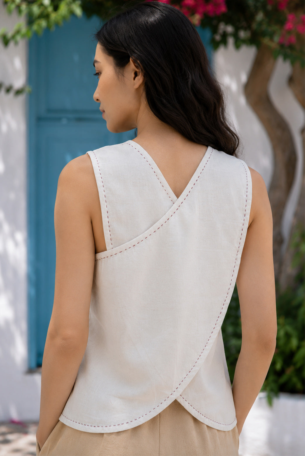 Off White Embroidered Cross Back Top