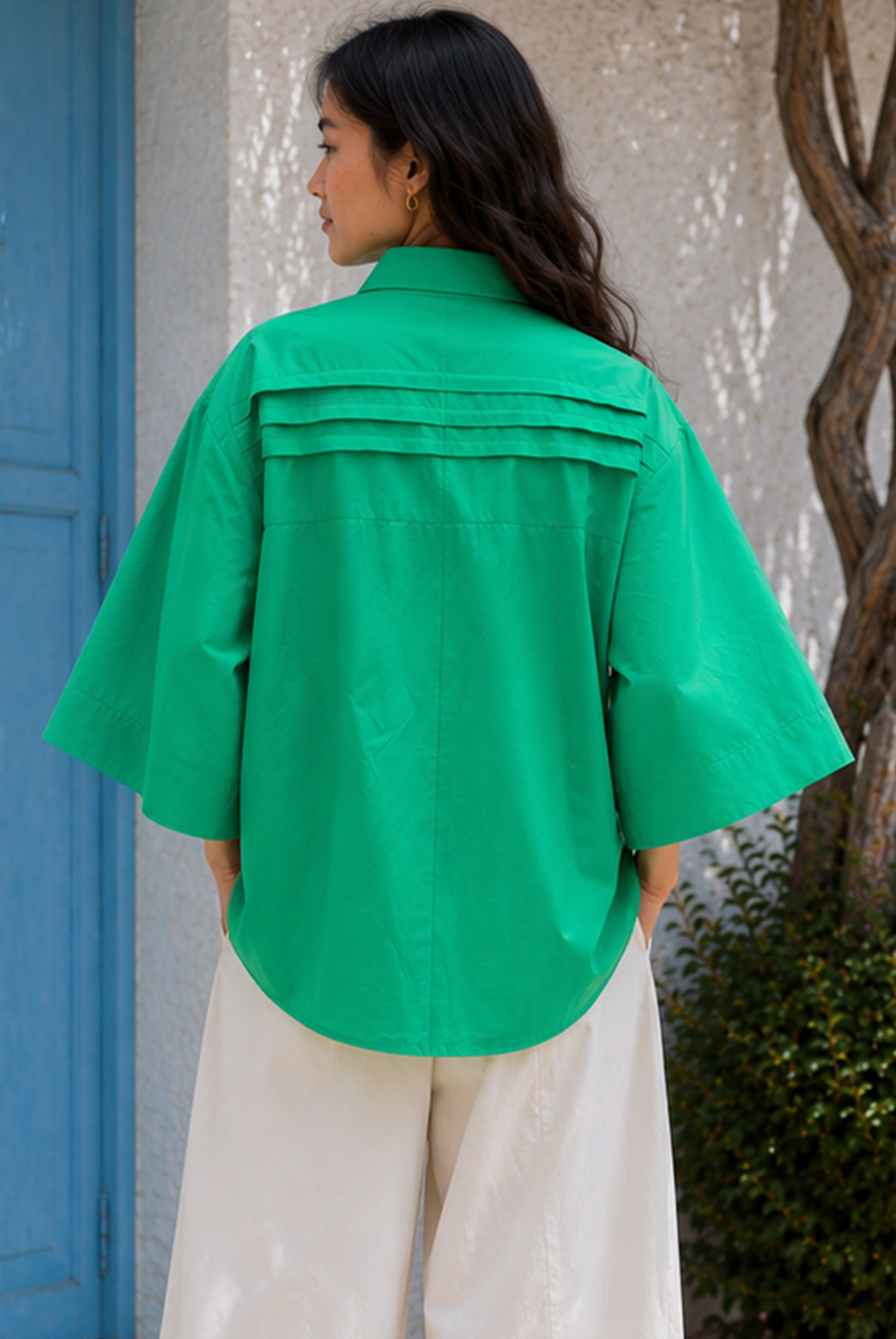 Green Cotton Poplin Boxy Shirt Top