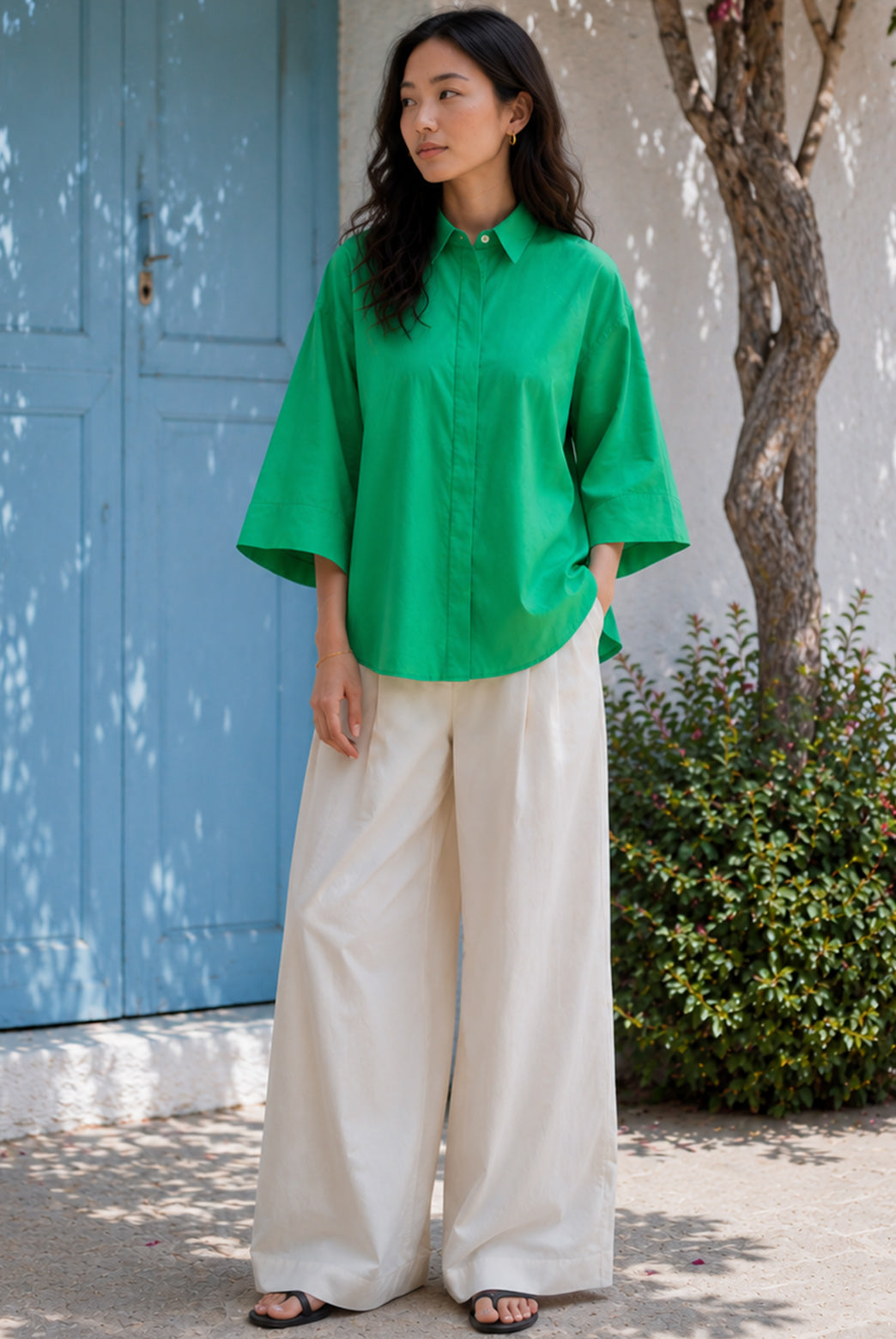 Green Cotton Poplin Boxy Shirt Top