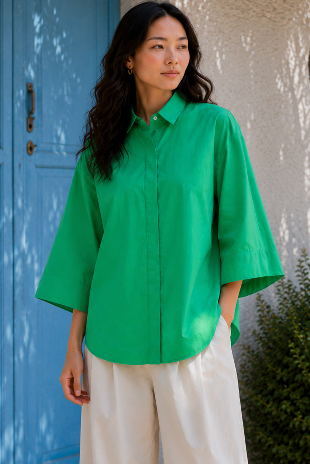Green Cotton Poplin Boxy Shirt Top