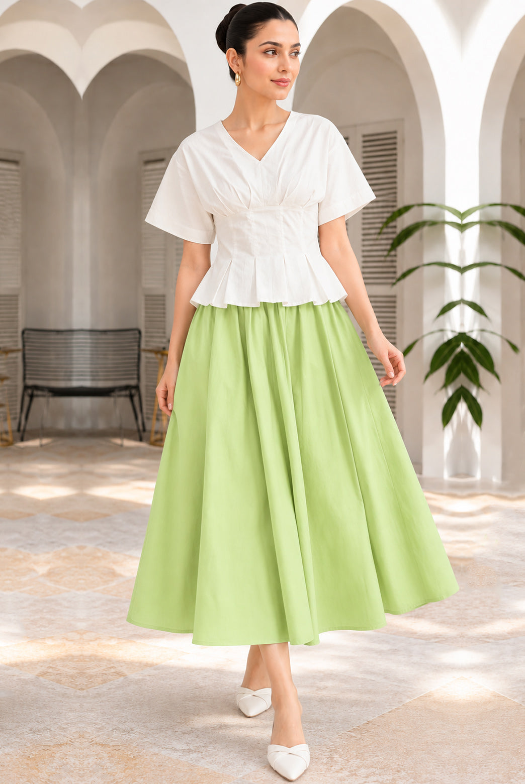 Sage Green & White Cotton Poplin Skirt Set