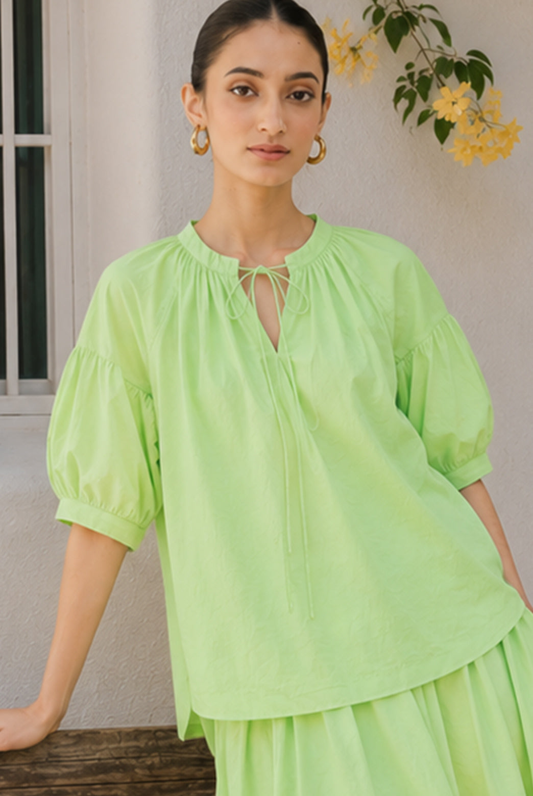Lime Green Poplin Top & Midi Skirt Set