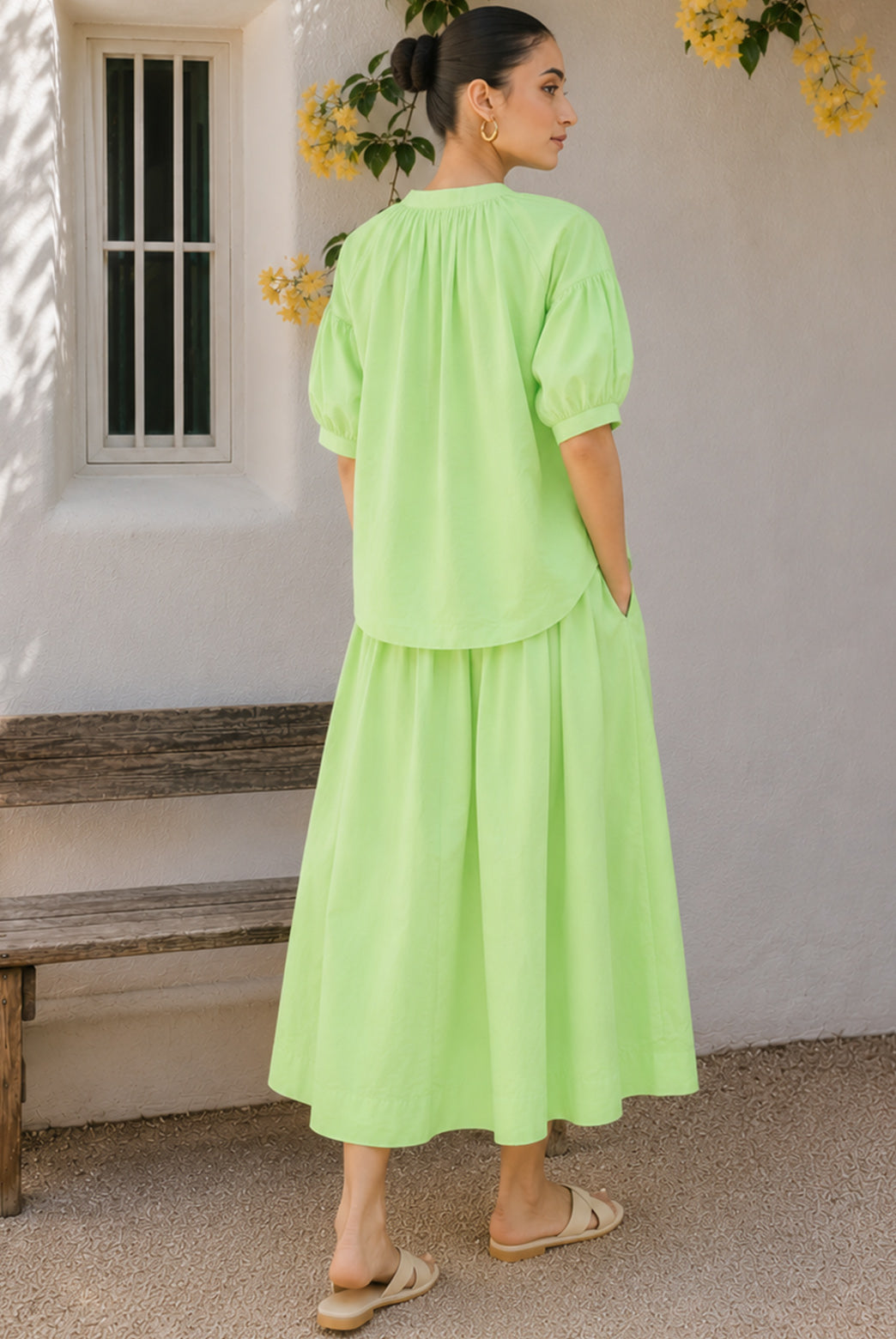 Lime Green Poplin Top & Midi Skirt Set